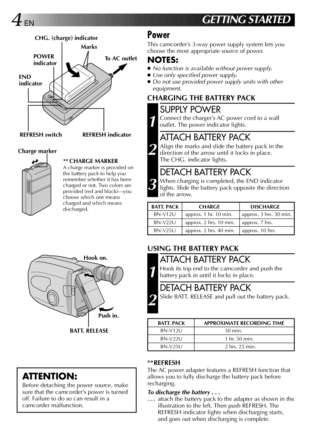 JVC LYT0002-0P7A, 0597TOV*UN*SN manual Supply Power, Attach Battery Pack, Detach Battery Pack 