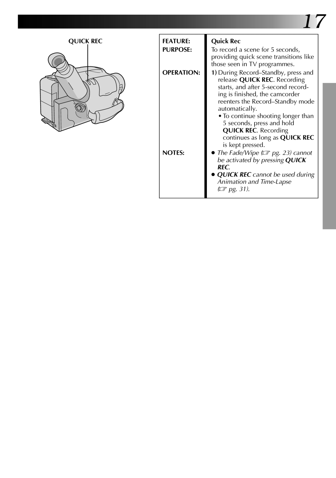 JVC 0597TOV*UN*VP, LYT0002-0Q4A specifications Quick REC Feature Purpose Operation, Quick Rec 