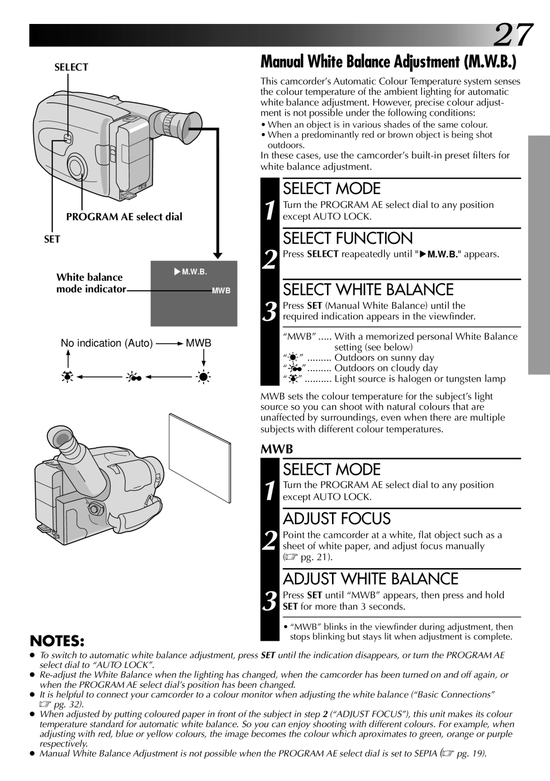 JVC 0597TOV*UN*VP, LYT0002-0Q4A specifications Select White Balance, Adjust Focus, Adjust White Balance 