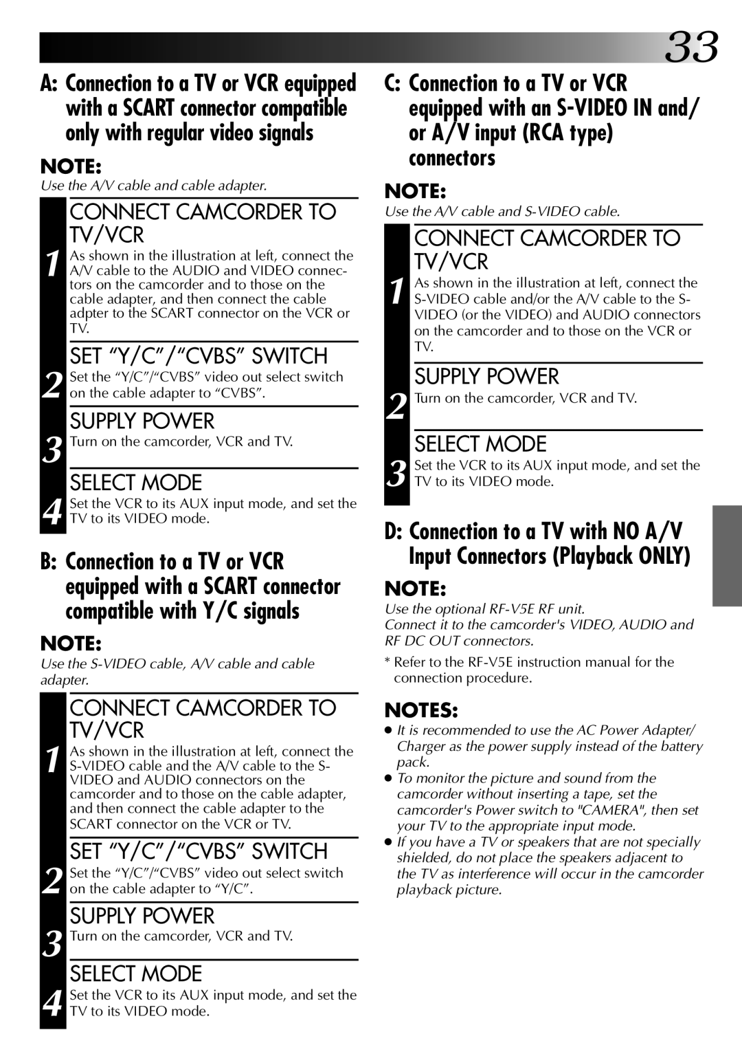 JVC 0597TOV*UN*VP, LYT0002-0Q4A Connect Camcorder to TV/VCR, SET Y/C/CVBS Switch, Turn on the camcorder, VCR and TV 