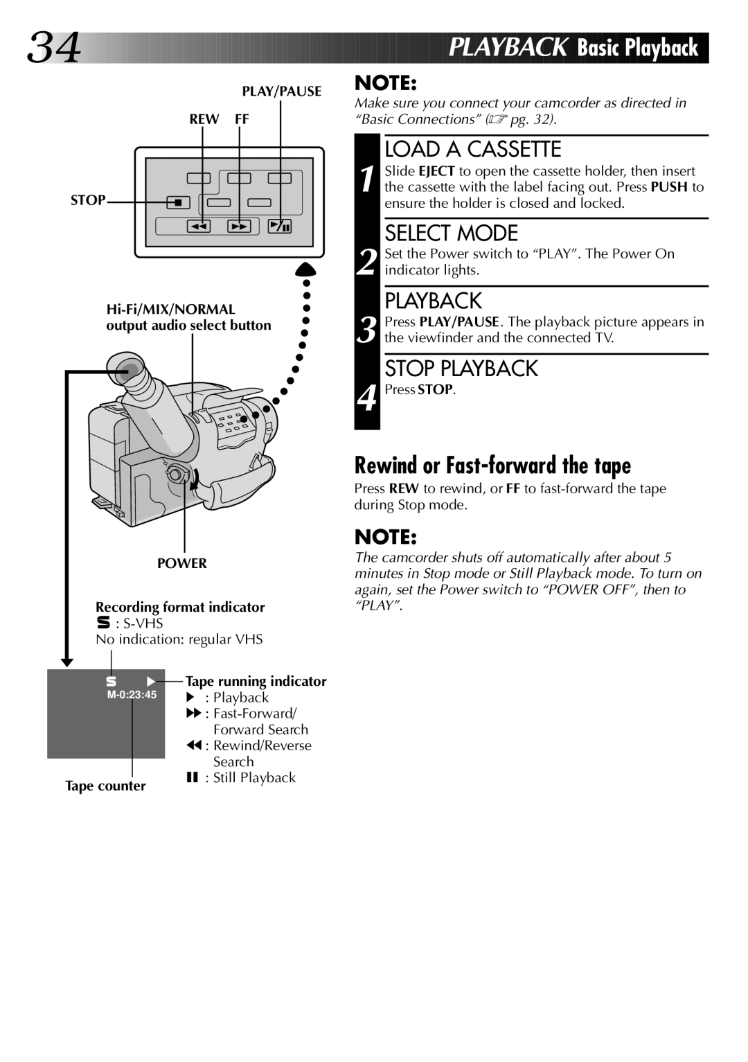 JVC LYT0002-0Q4A, 0597TOV*UN*VP Rewind or Fast-forward the tape, Stop Playback, PLAY/PAUSE REW FF Stop, Power 