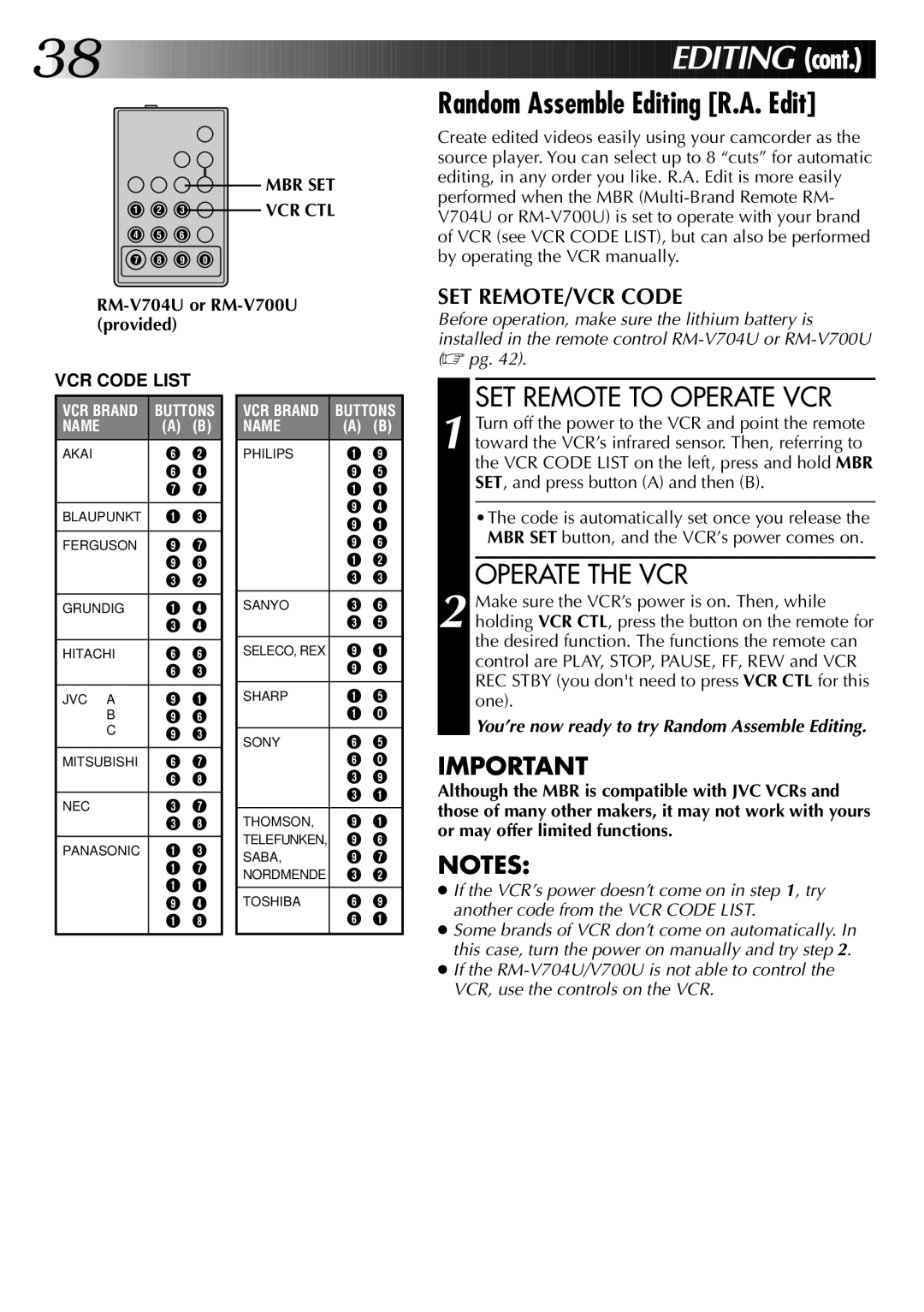 JVC LYT0002-0Q4A, 0597TOV*UN*VP specifications Random Assemble Editing R.A. Edit, SET Remote to Operate VCR, Operate the VCR 