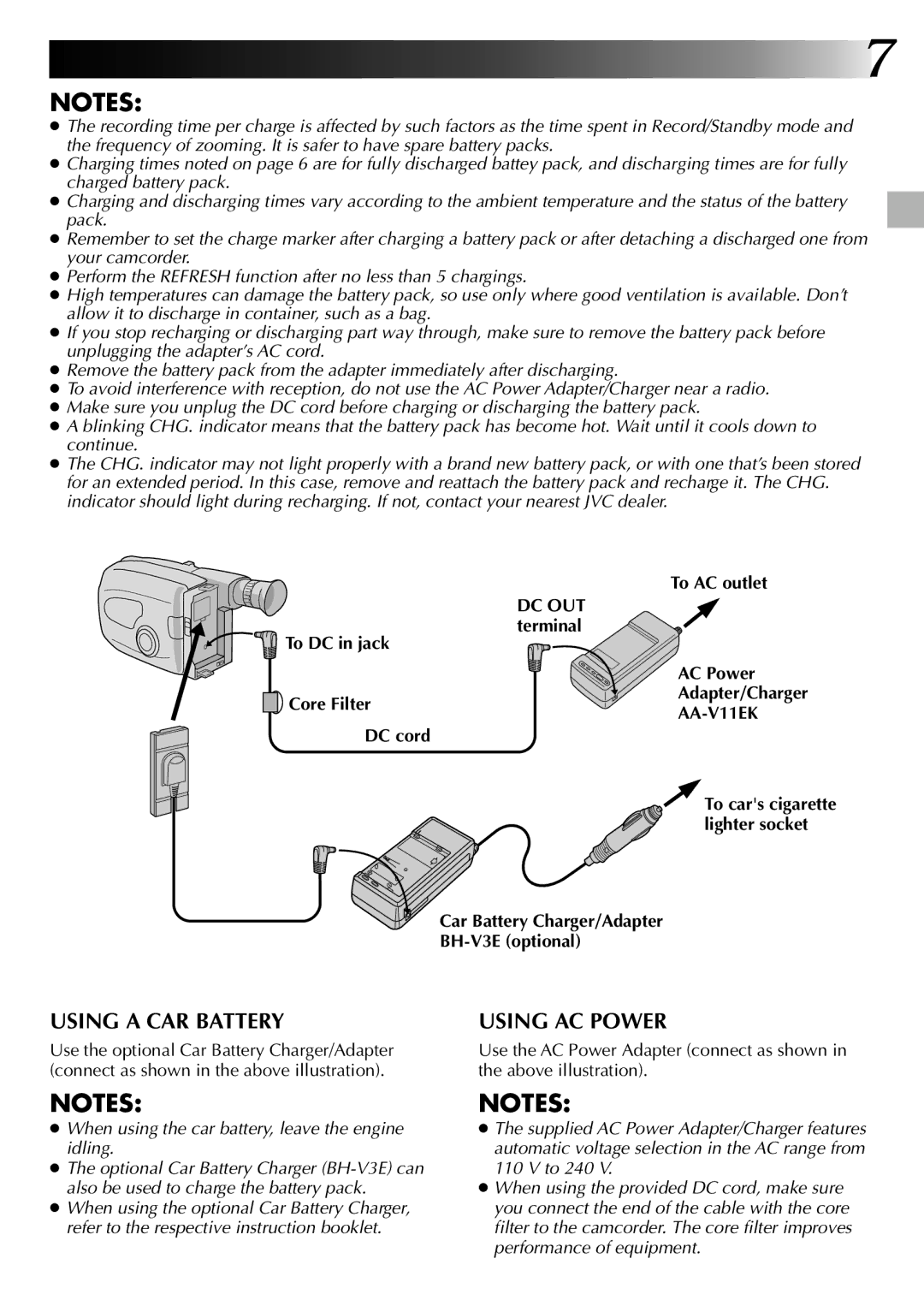 JVC 0597TOV*UN*VP, LYT0002-0Q4A specifications AA-V11EK, DC cord, Car Battery Charger/Adapter BH-V3E optional 