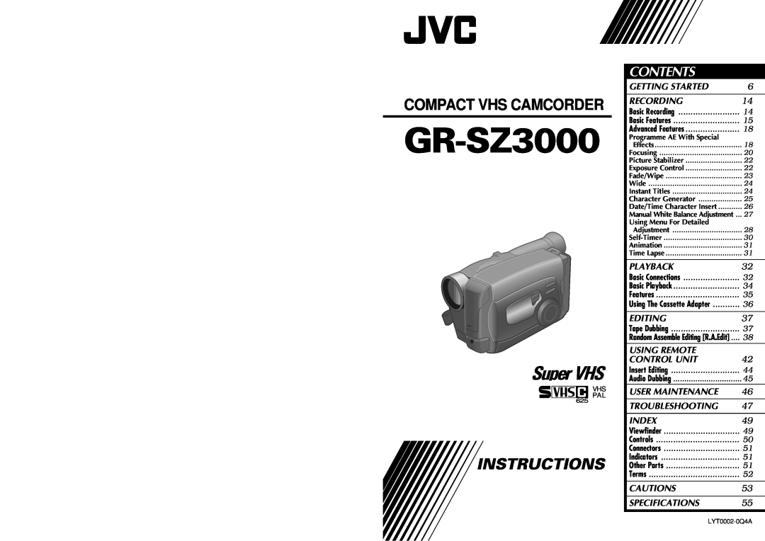 JVC 0597TOV*UN*VP, LYT0002-0Q4A specifications Super VHS, Contents, GR-SZ3000, Instructions, Compact Vhs Camcorder 