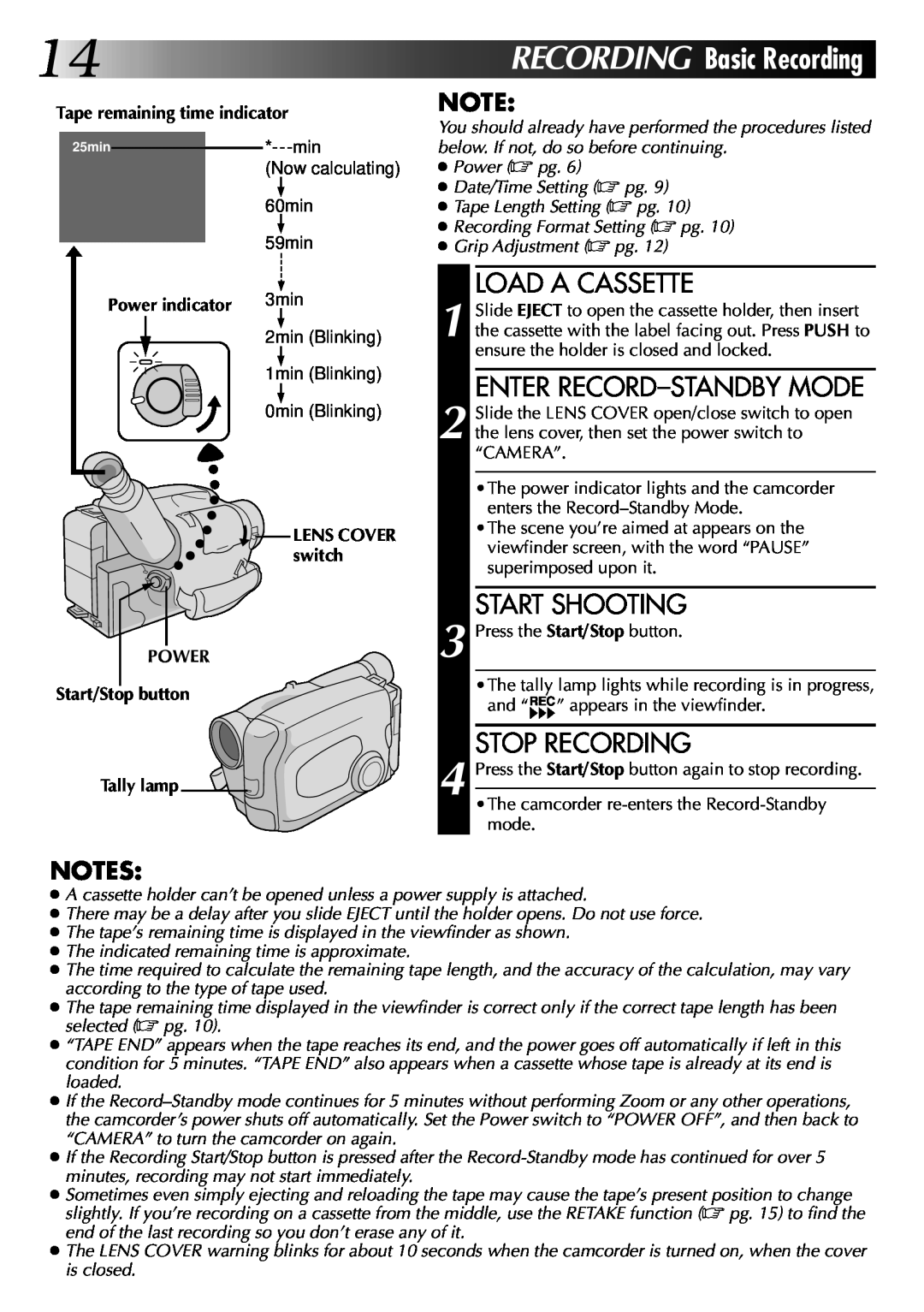 JVC LYT0002-0Q4A RECORDING Basic Recording, Load A Cassette, Enter Record-Standby Mode, Start Shooting, Stop Recording 