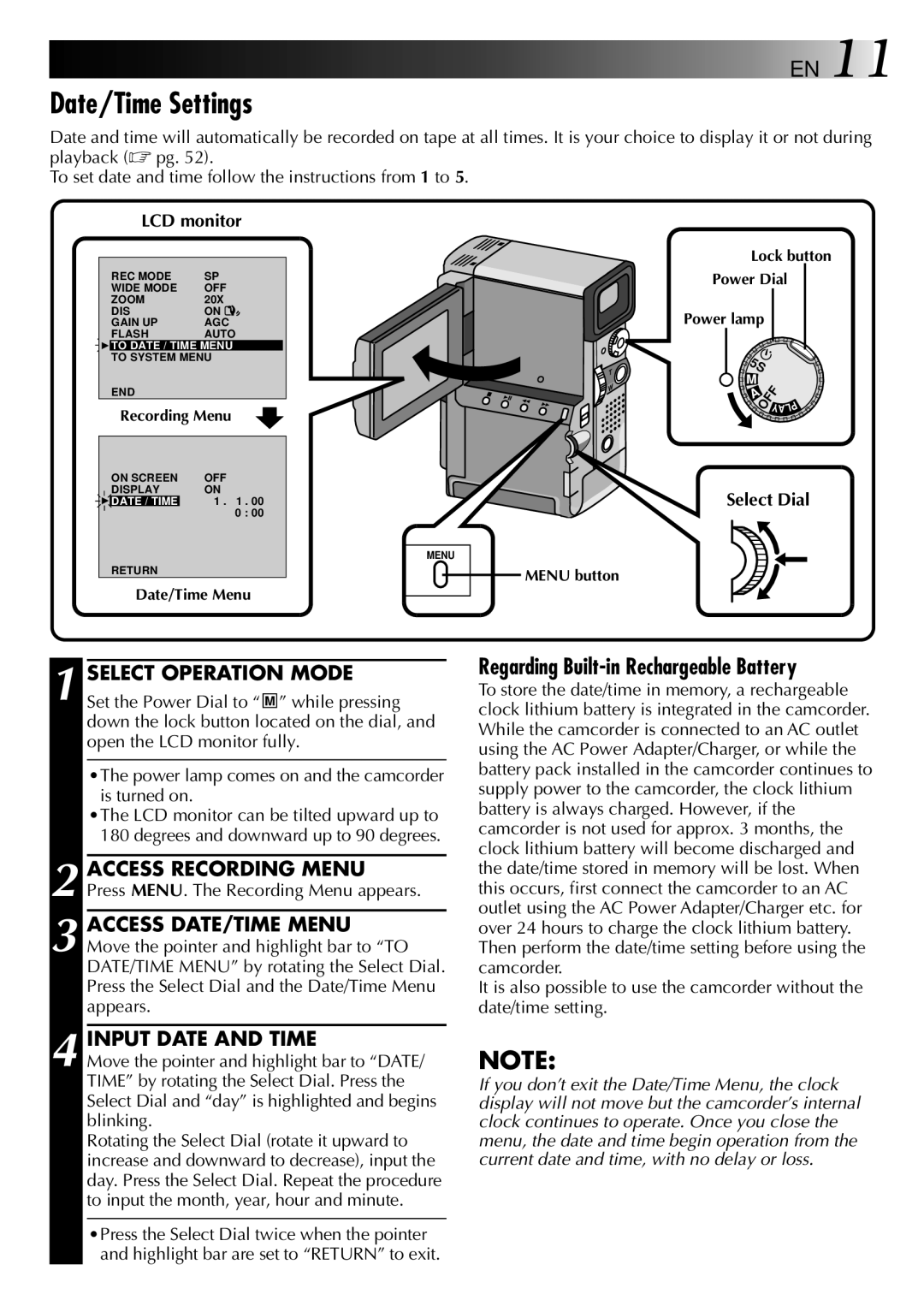 JVC 0797TOV*UN*SN, LYT0002-0R1A Date/Time Settings, Select Operation Mode, Input Date and Time, LCD monitor, Select Dial 