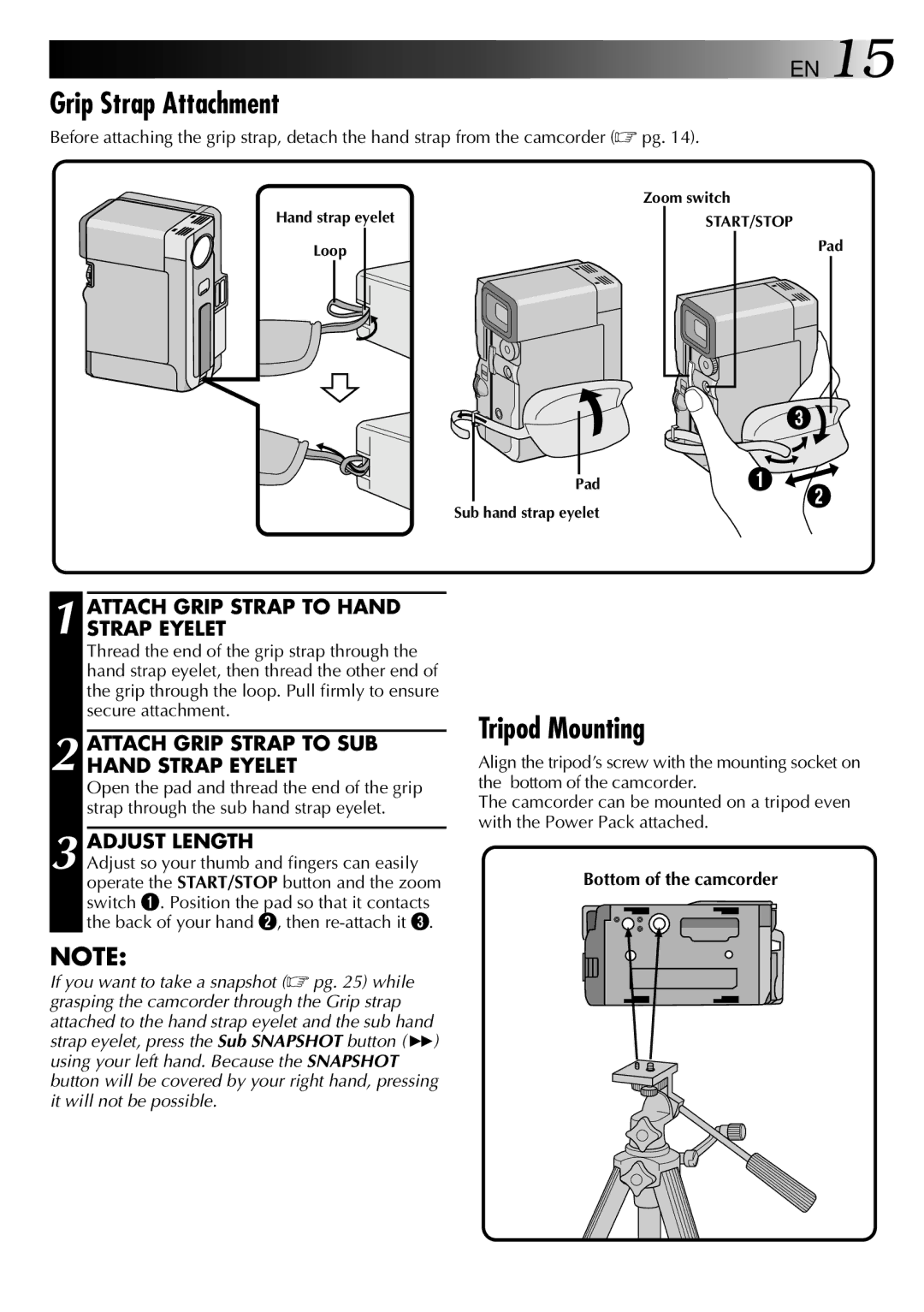 JVC 0797TOV*UN*SN manual Grip Strap Attachment, Tripod Mounting, Attach Grip Strap to Hand Strap Eyelet, Adjust Length 