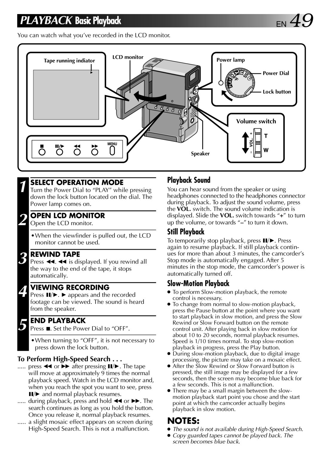 JVC LYT0002-0S4A manual Rewind Tape, Viewing Recording, END Playback, To Perform High-Speed Search, Volume switch 