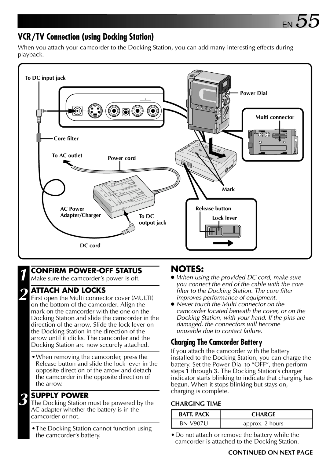 JVC LYT0002-0S4A manual VCR/TV Connection using Docking Station, Attach and Locks 