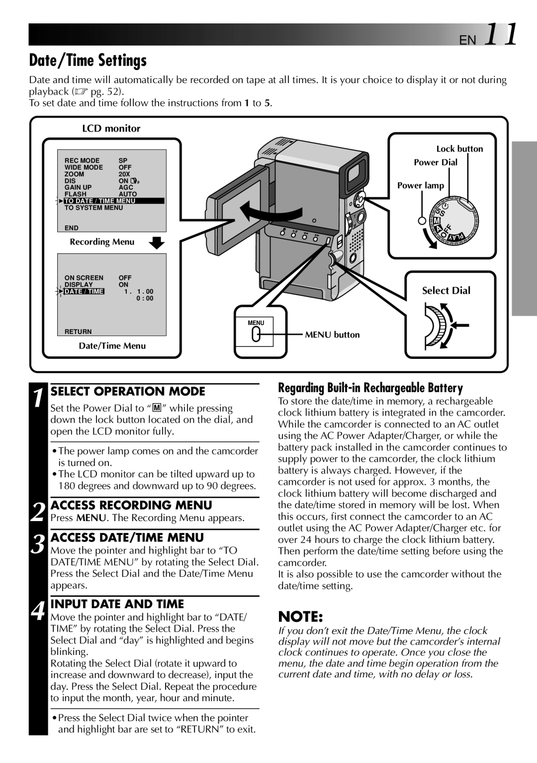 JVC 0797TOV*UN*VP, LYT0002-0V4A Date/Time Settings, Select Operation Mode, Input Date and Time, LCD monitor, Select Dial 