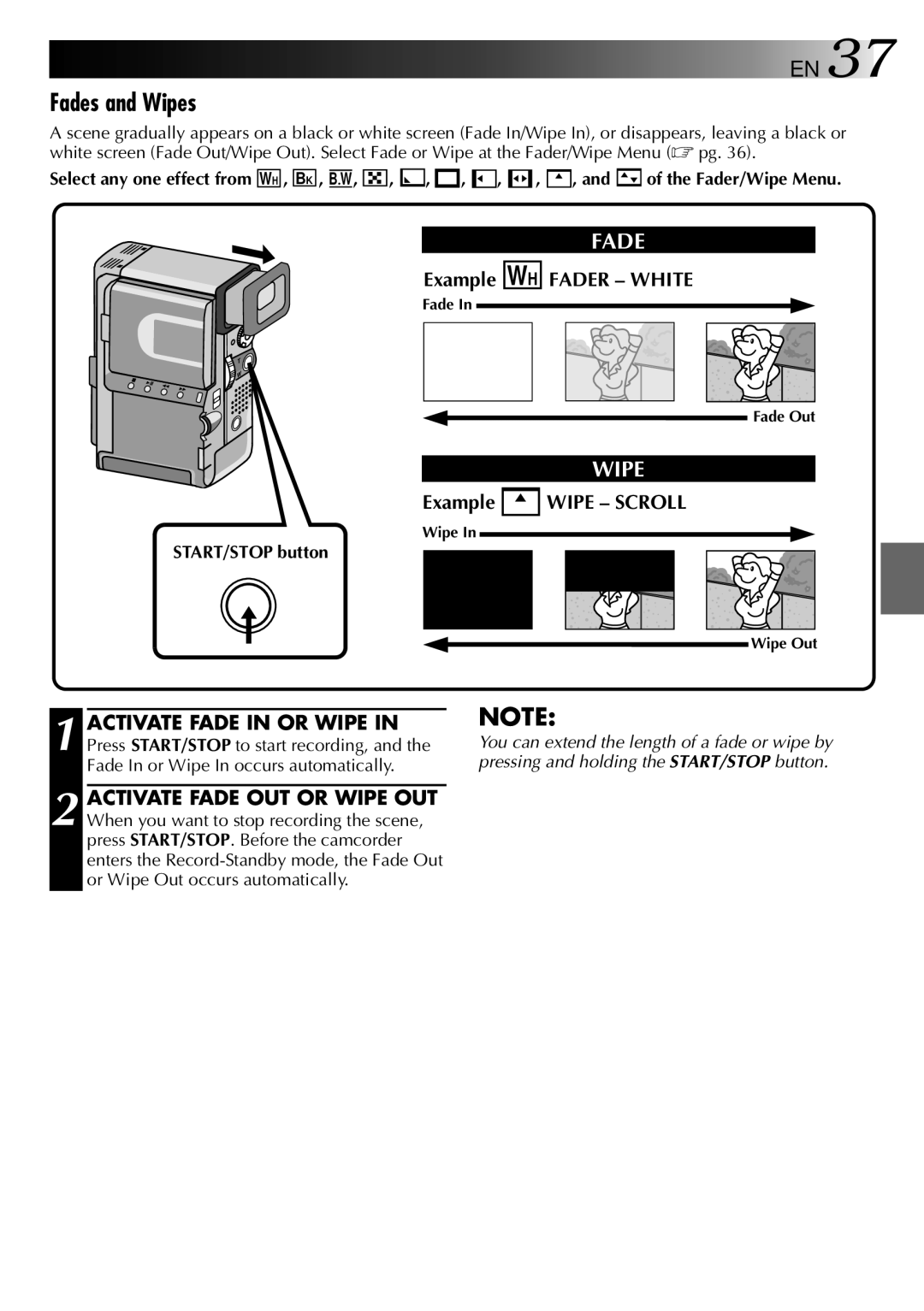 JVC 0797TOV*UN*VP, LYT0002-0V4A specifications Fades and Wipes, Example WH, Fader White, Wipe Scroll 