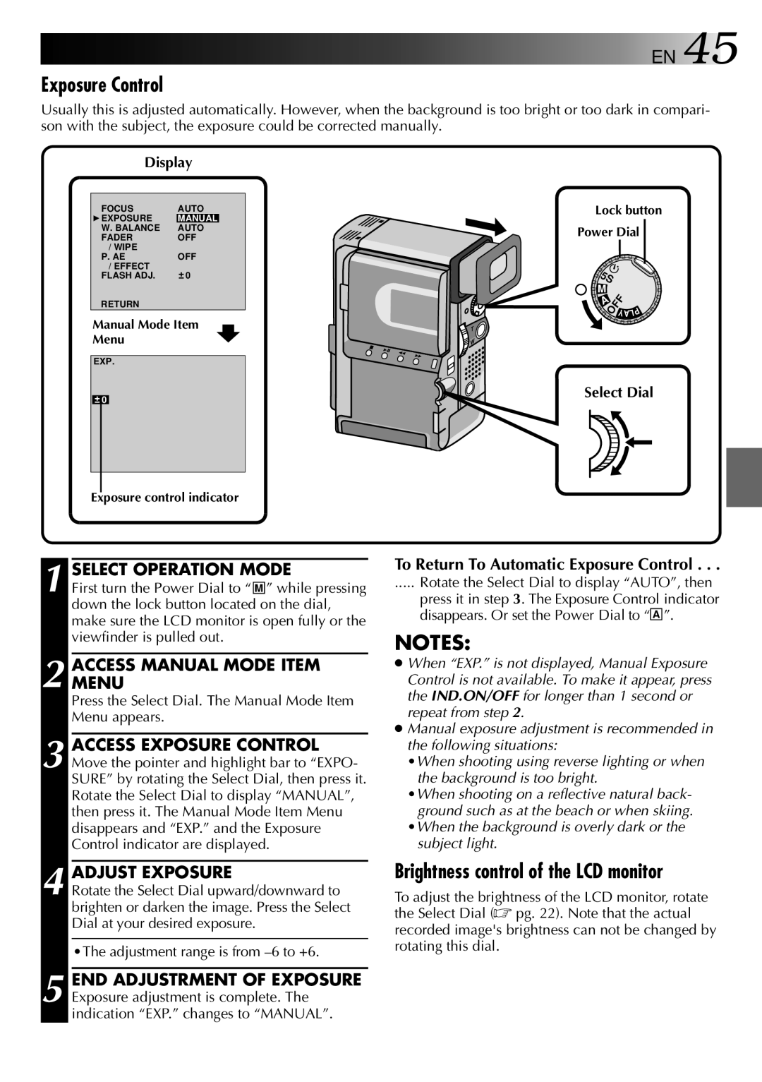 JVC 0797TOV*UN*VP, LYT0002-0V4A specifications Exposure Control, Brightness control of the LCD monitor, Adjust Exposure 