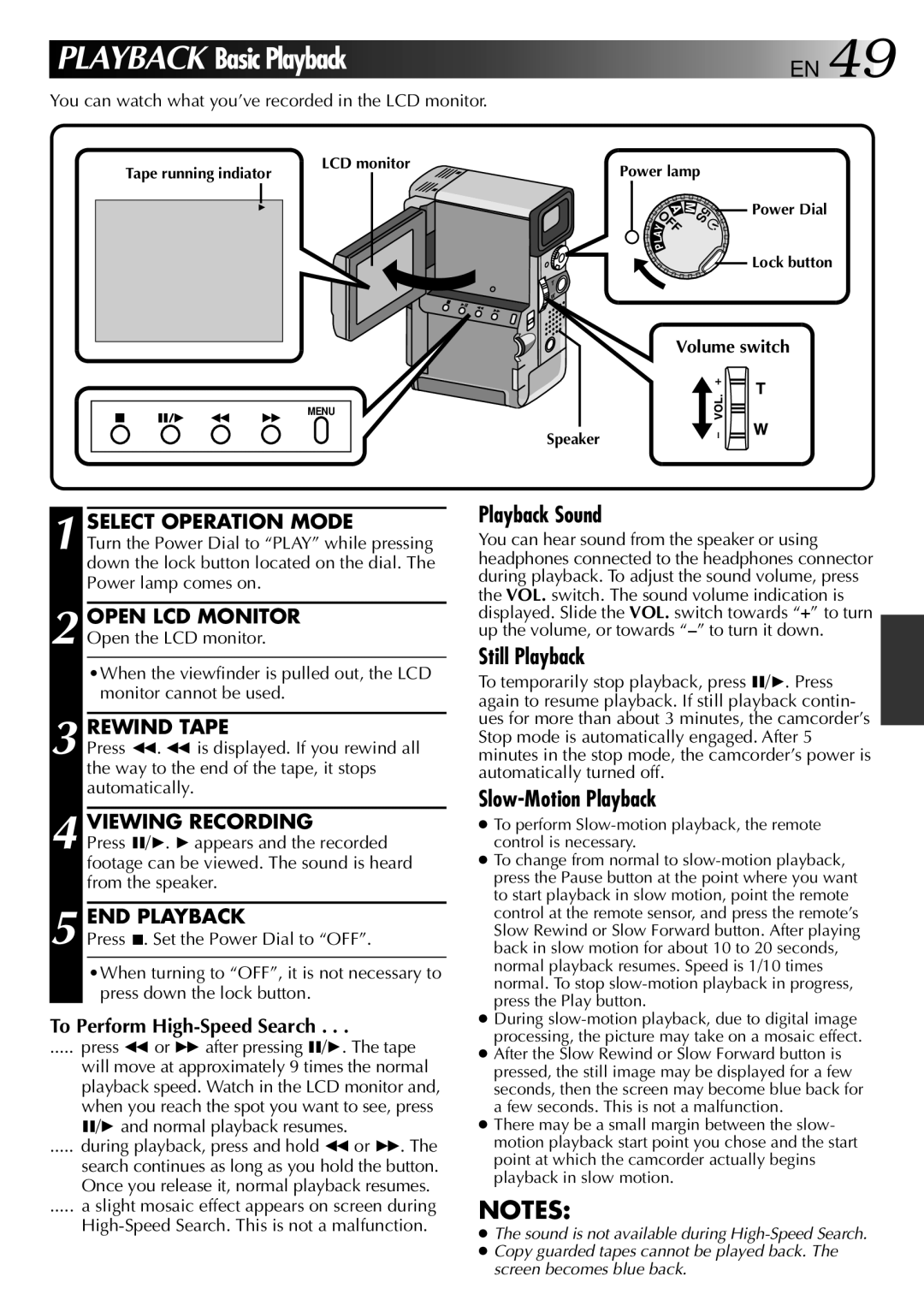 JVC 0797TOV*UN*VP, LYT0002-0V4A Rewind Tape, Viewing Recording, END Playback, To Perform High-Speed Search, Volume switch 