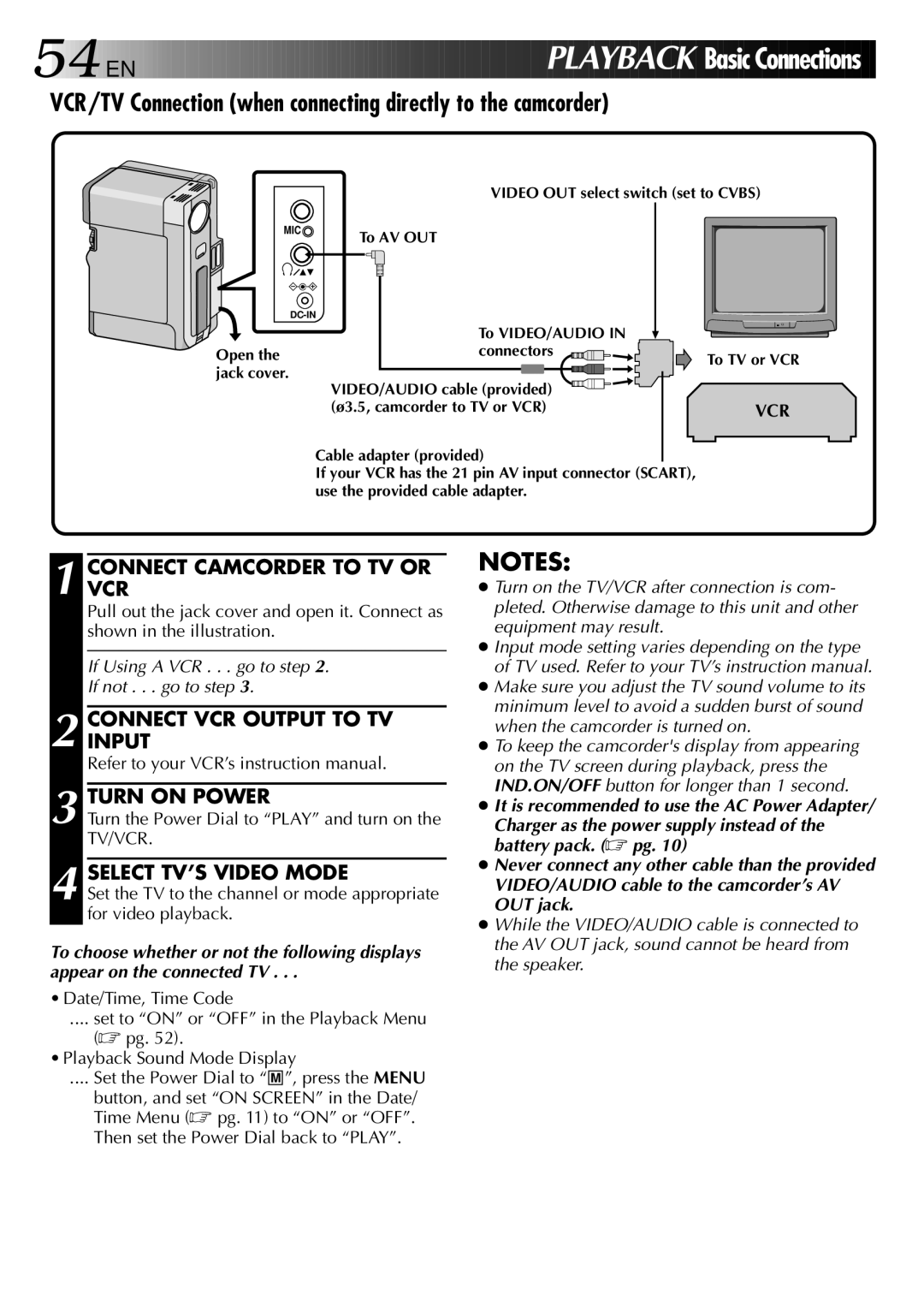 JVC LYT0002-0V4A VCR/TV Connection when connecting directly to the camcorder, Connectvcr Camcorder to TV or, Turn on Power 