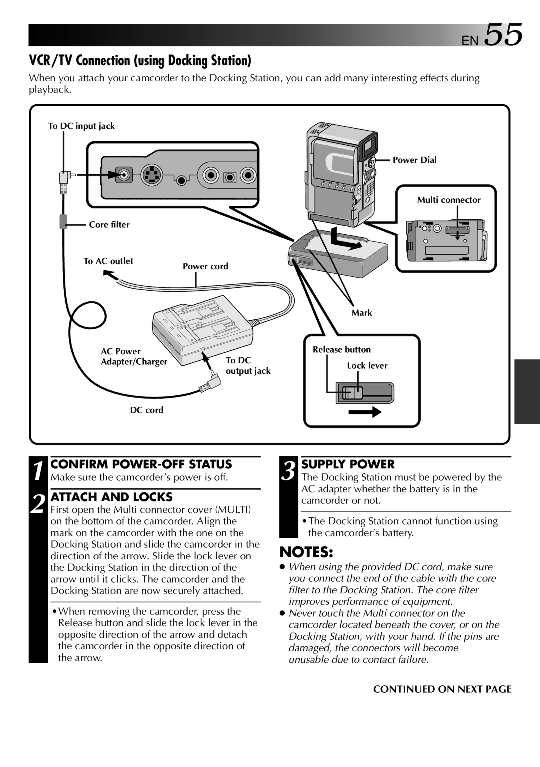 JVC 0797TOV*UN*VP VCR/TV Connection using Docking Station, Confirm POWER-OFF Status Supply Power, Attach and Locks 