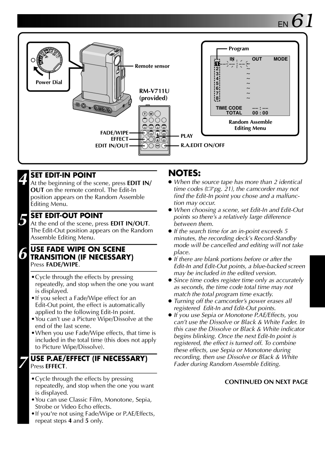 JVC 0797TOV*UN*VP SET EDIT-IN Point, SET EDIT-OUT Point, USE Fade Wipe on Scene Transition if Necessary, Press FADE/WIPE 