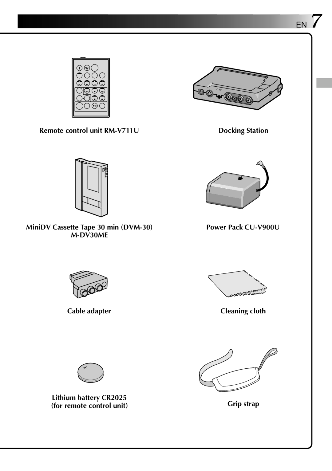 JVC 0797TOV*UN*VP Remote control unit RM-V711U, DV30ME, Cable adapter, Lithium battery CR2025, For remote control unit 