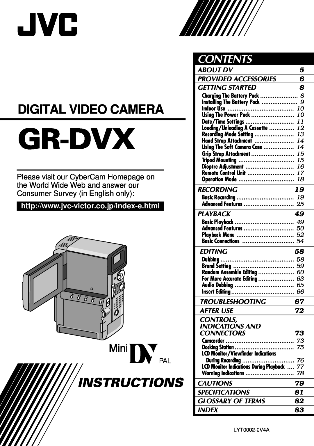 JVC 0797TOV*UN*VP, LYT0002-0V4A specifications Contents, Gr-Dvx, Digital Video Camera, Instructions 