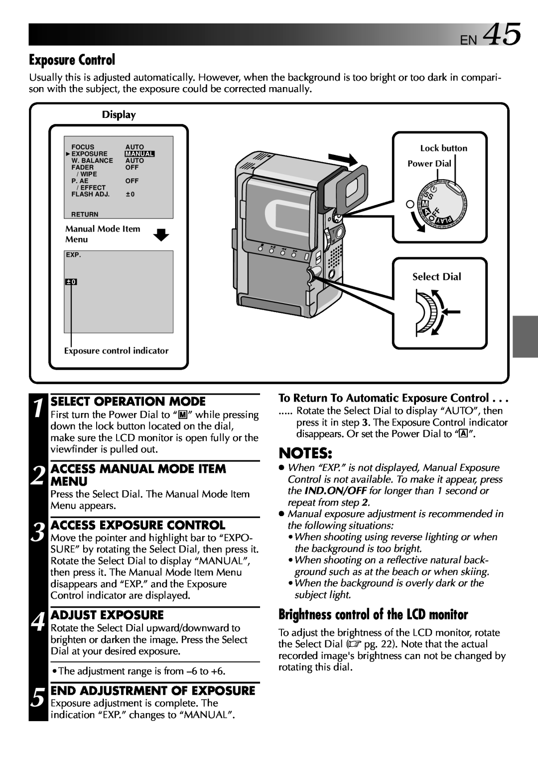 JVC 0797TOV*UN*VP Exposure Control, Brightness control of the LCD monitor, Select Operation Mode, Adjust Exposure, Display 