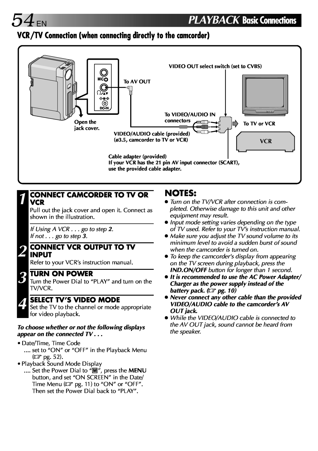 JVC LYT0002-0V4A 54EN PLAYBACK Basic Connections, VCR/TV Connection when connecting directly to the camcorder 