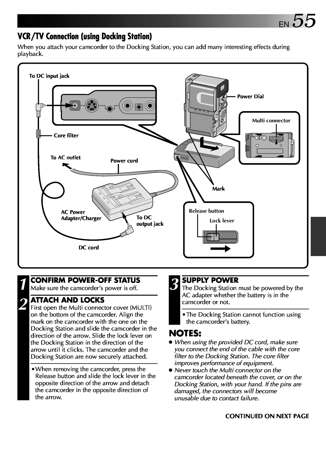 JVC 0797TOV*UN*VP VCR/TV Connection using Docking Station, Confirm Power-Off Status, Supply Power, Attach And Locks 