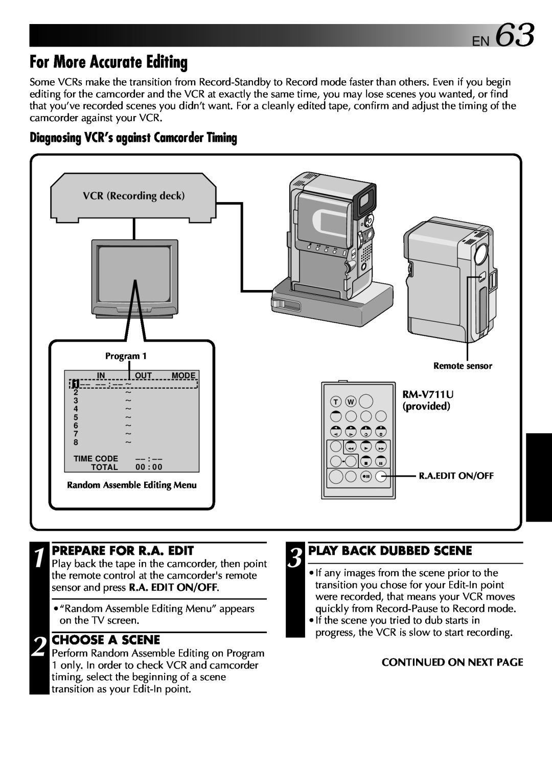 JVC 0797TOV*UN*VP For More Accurate Editing, Diagnosing VCR’s against Camcorder Timing, Prepare For R.A. Edit, RM-V711U 