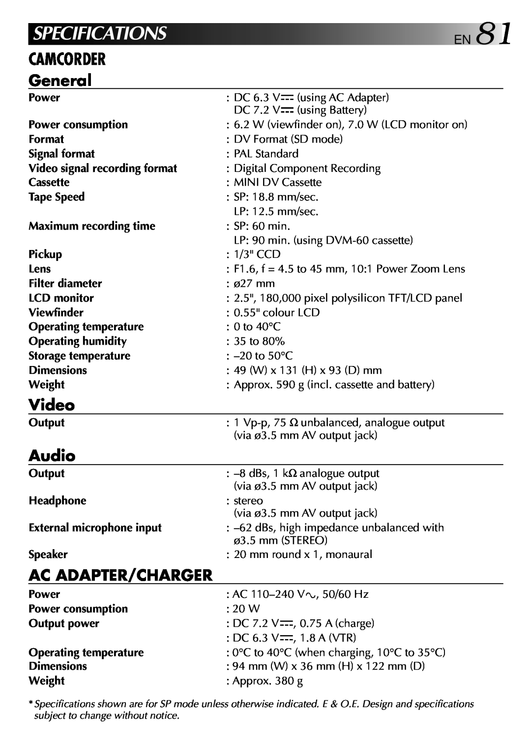 JVC 0797TOV*UN*VP Specifications, Camcorder, General, Video, Audio, Ac Adapter/Charger, Power consumption, Format 