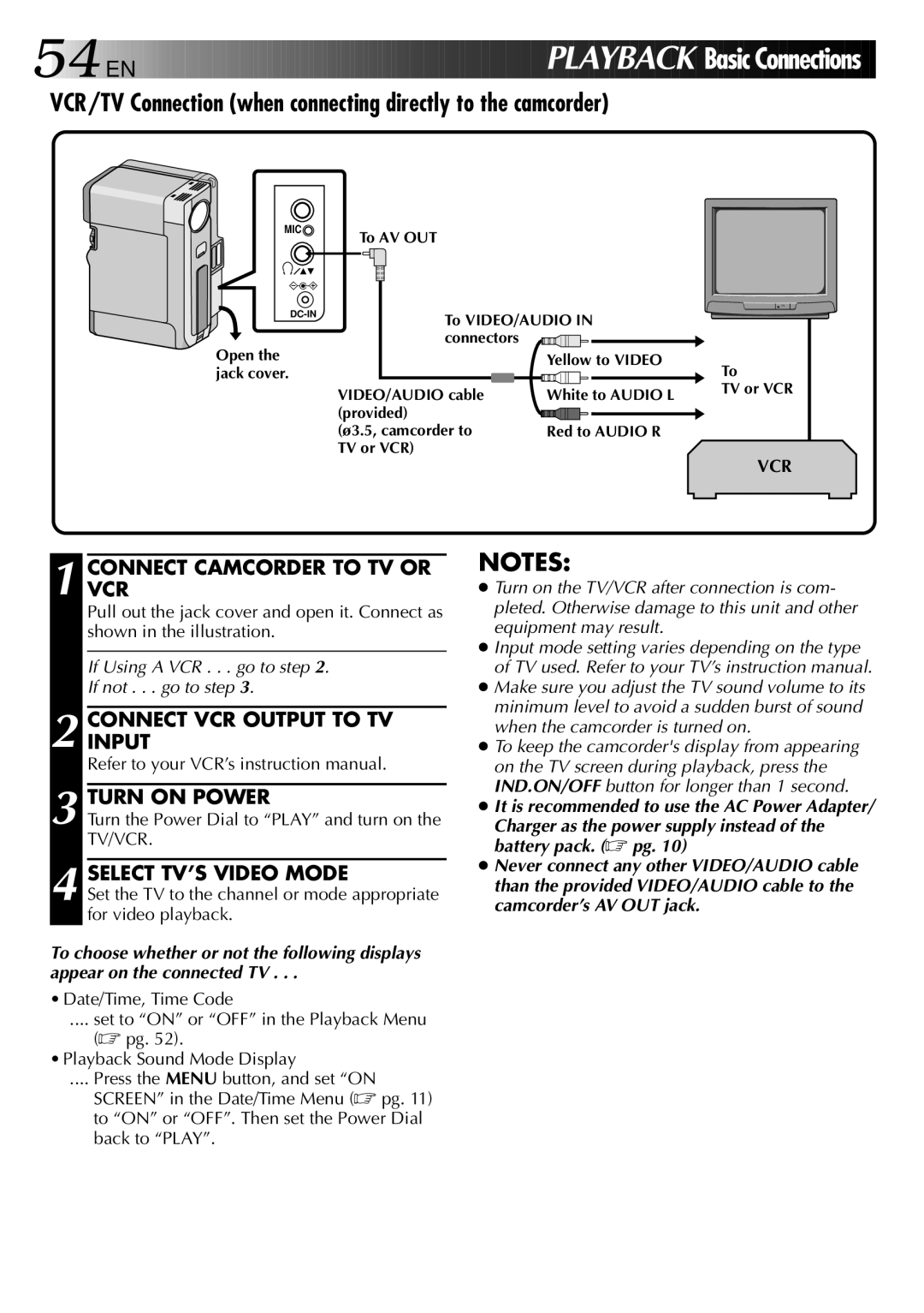 JVC LYT0002-0X9A VCR/TV Connection when connecting directly to the camcorder, Connectvcr Camcorder to TV or, Turn on Power 