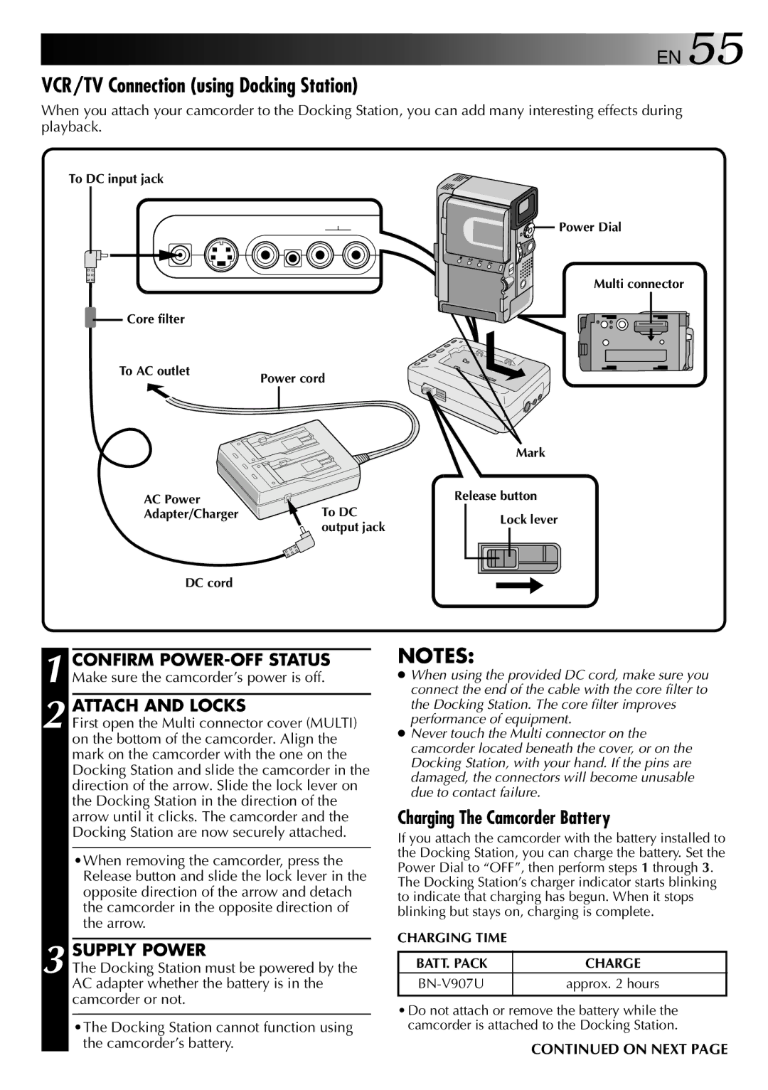 JVC 0997TOV*UN*SN, LYT0002-0X9A manual VCR/TV Connection using Docking Station, Confirm POWER-OFF Status, Attach and Locks 