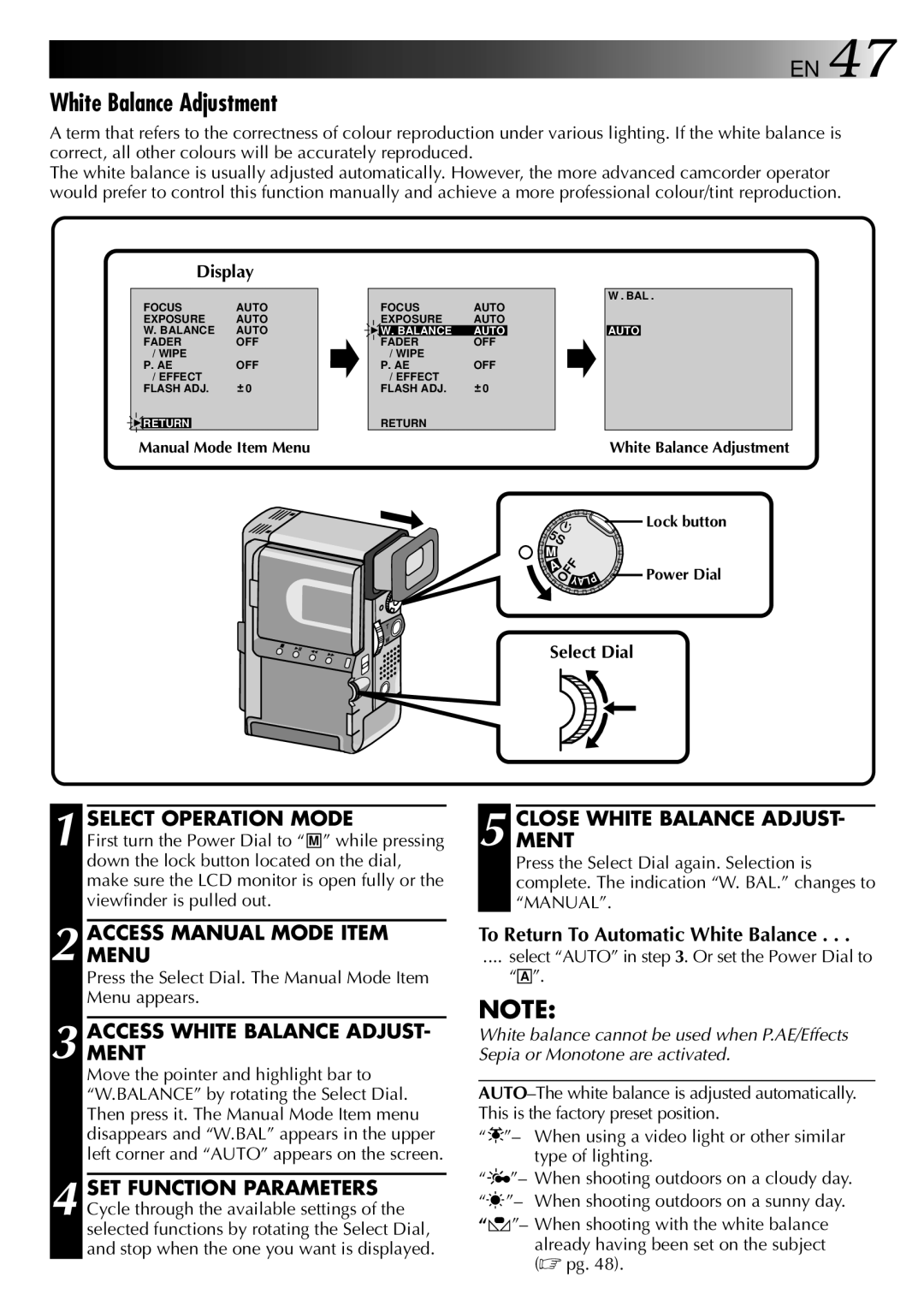 JVC LYT0002-0Y6A manual White Balance Adjustment, Accessment White Balance Adjust, Closement White Balance Adjust 