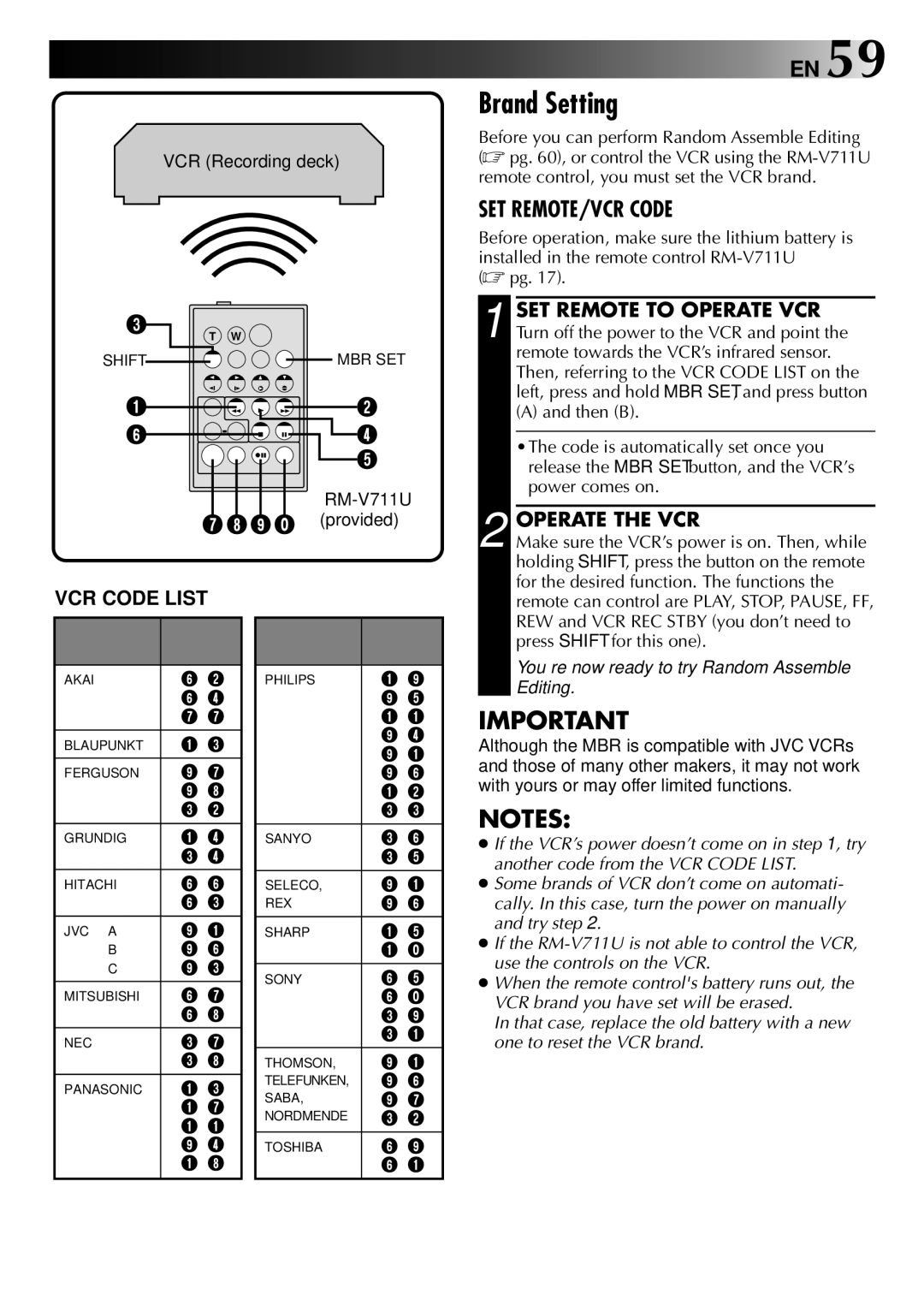 JVC LYT0002-0Y6A manual Brand Setting, Operate the VCR VCR Code List, RM-V711U 9 ` provided 