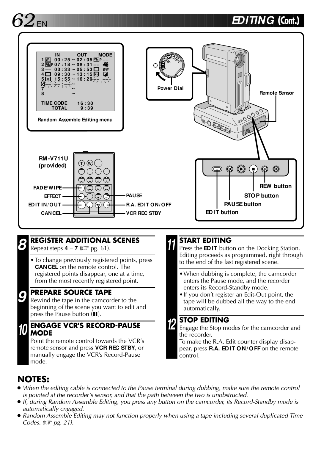 JVC LYT0002-0Y6A manual Engagemode Vcrs RECORD-PAUSE, Start Editing, Stop Editing 