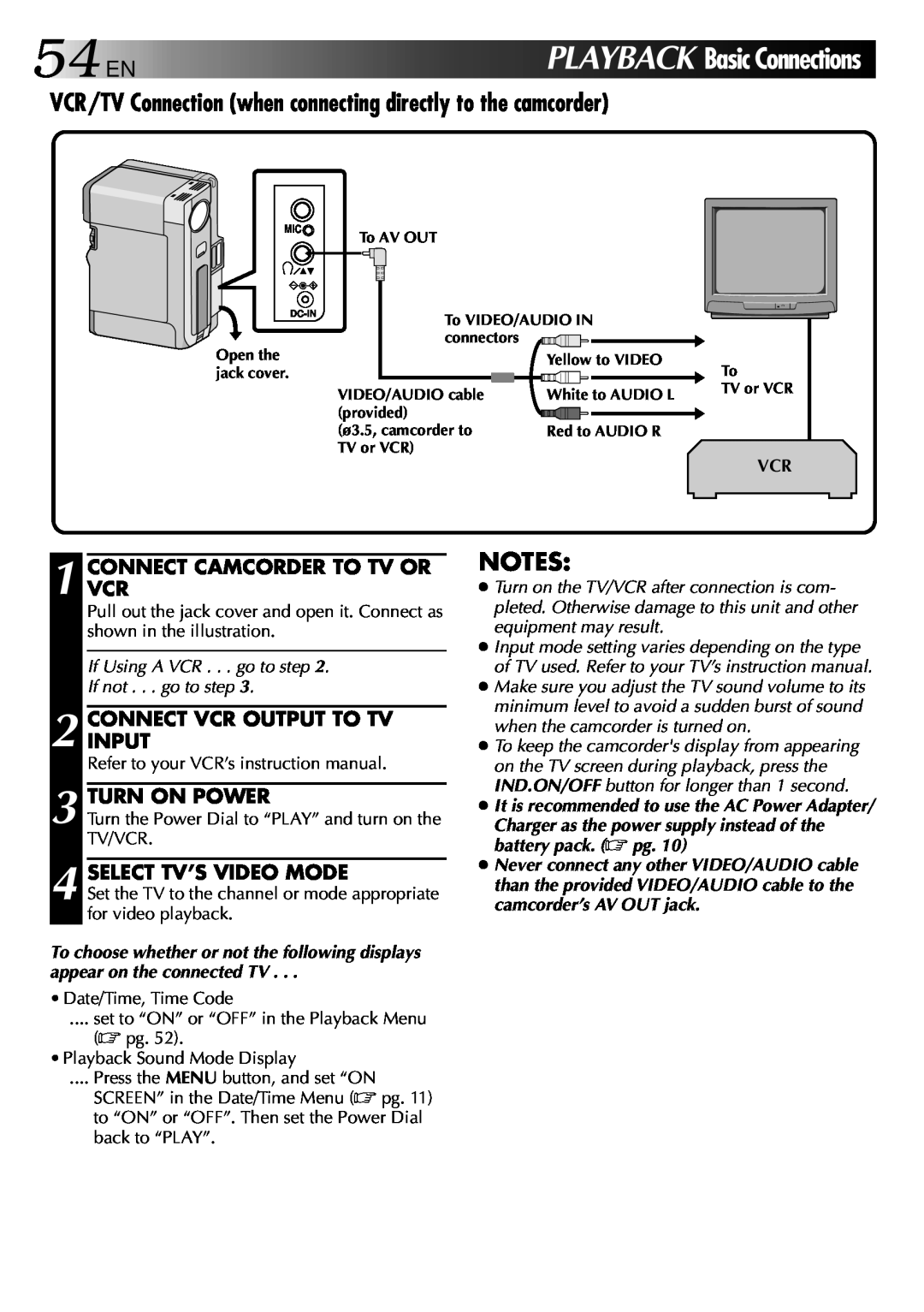 JVC LYT0002-0Y6A manual PLAYBACK Basic Connections, VCR/TV Connection when connecting directly to the camcorder, 54EN 