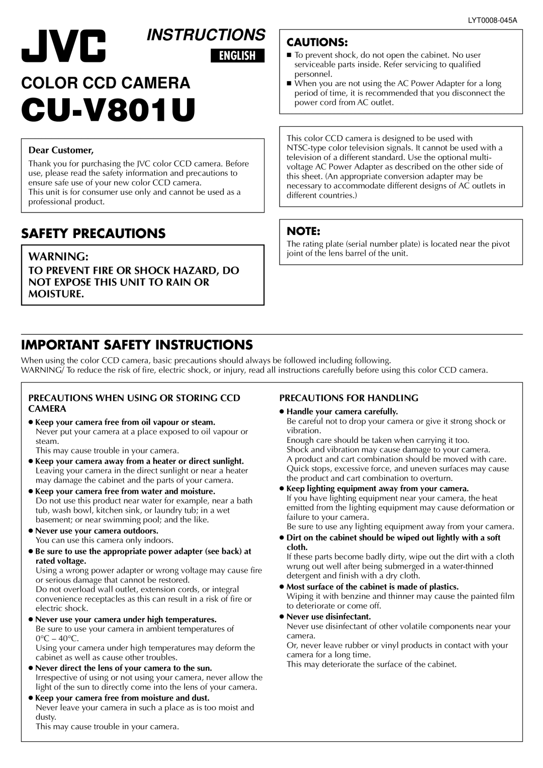 JVC CU-V801U, LYT0008-045A important safety instructions Safety Precautions, Important Safety Instructions, Dear Customer 