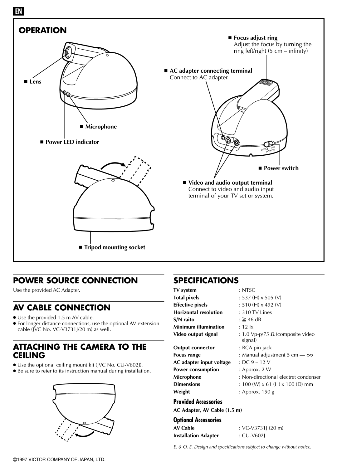 JVC LYT0008-045A, CU-V801U Operation, Power Source Connection, AV Cable Connection, Attaching the Camera to the Ceiling 