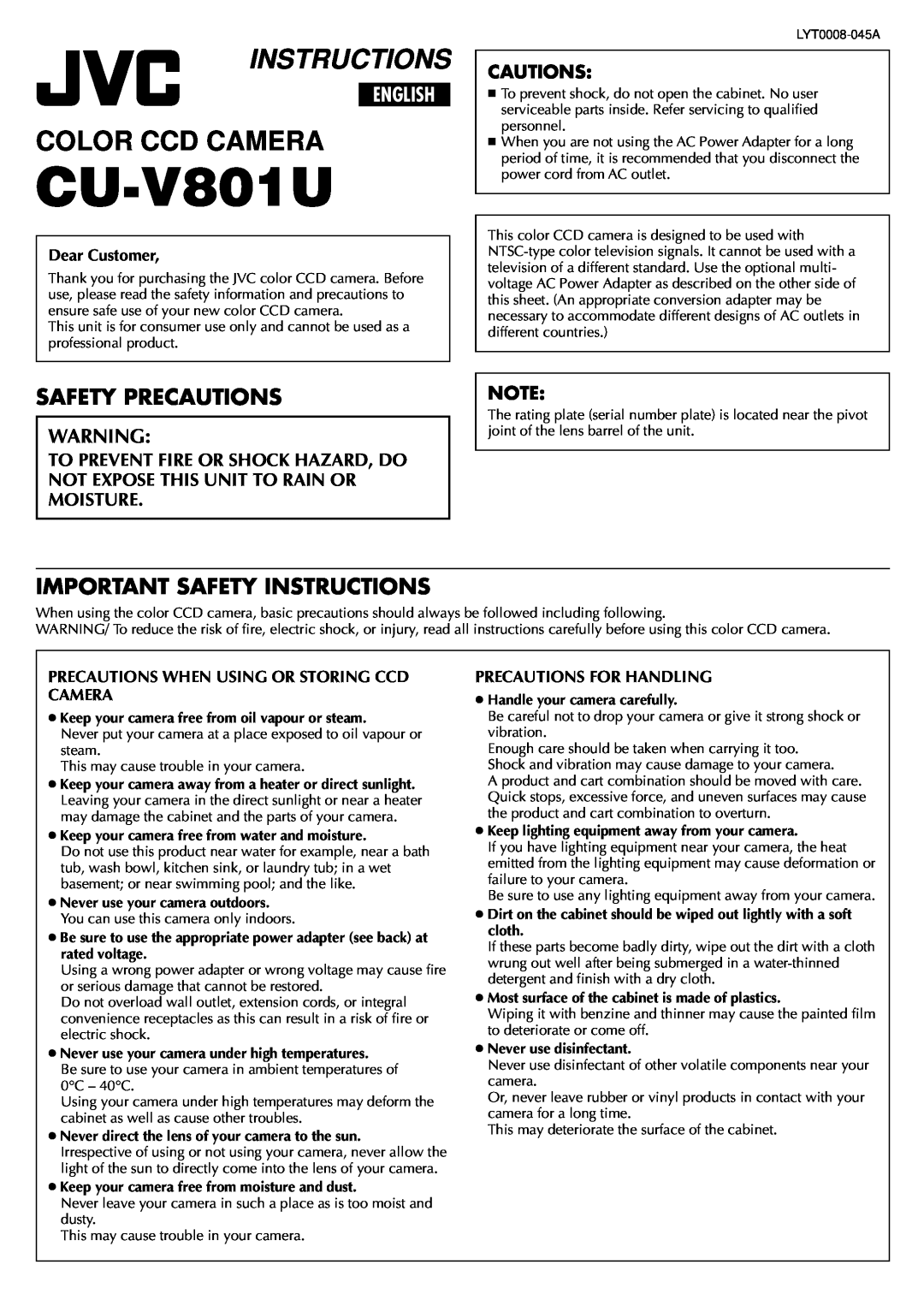 JVC CU-V801U important safety instructions Safety Precautions, Important Safety Instructions, English, Cautions 