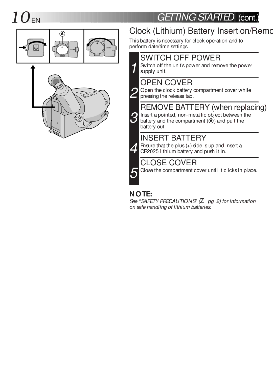 JVC LYT0047-001A manual 10 EN, Getting Started, Cont, Insert Battery, Close Cover 