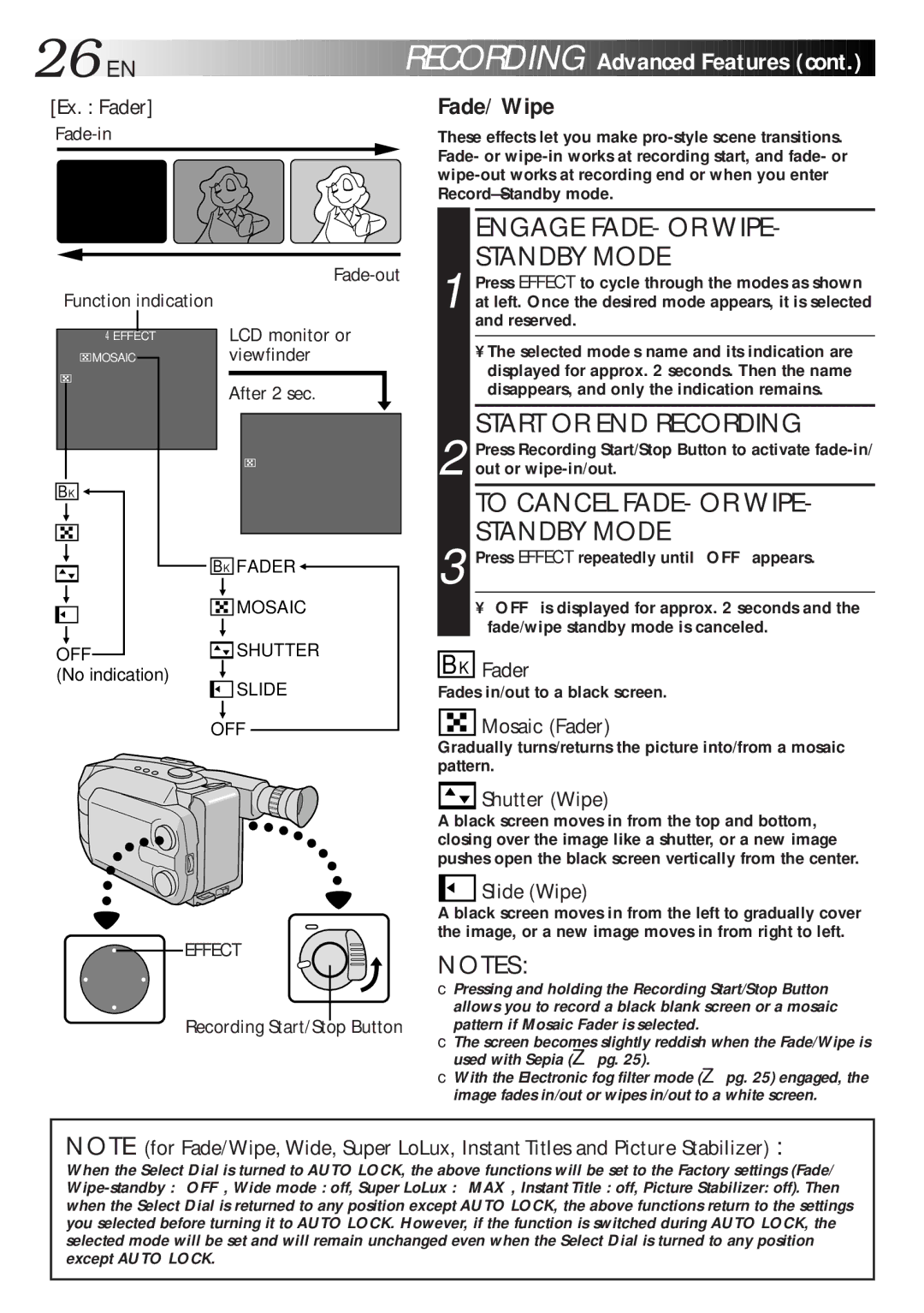 JVC LYT0047-001A manual 26 EN, Fade/Wipe, Advanced Features 