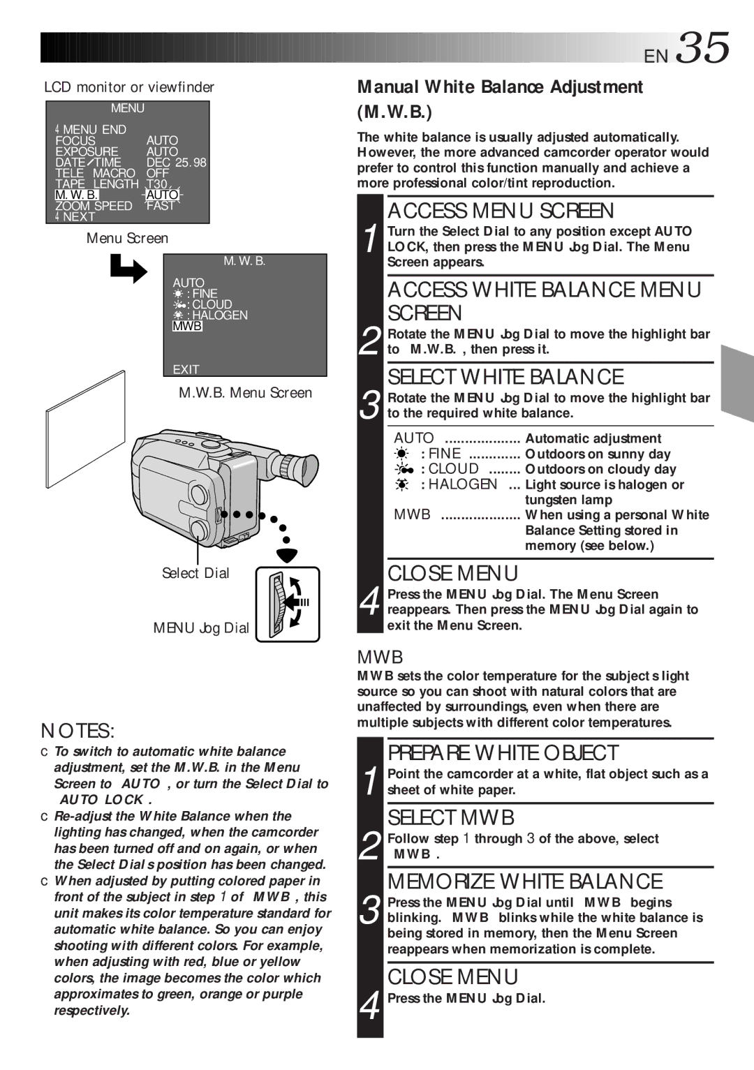 JVC LYT0047-001A manual Manual White Balance Adjustment M.W.B 