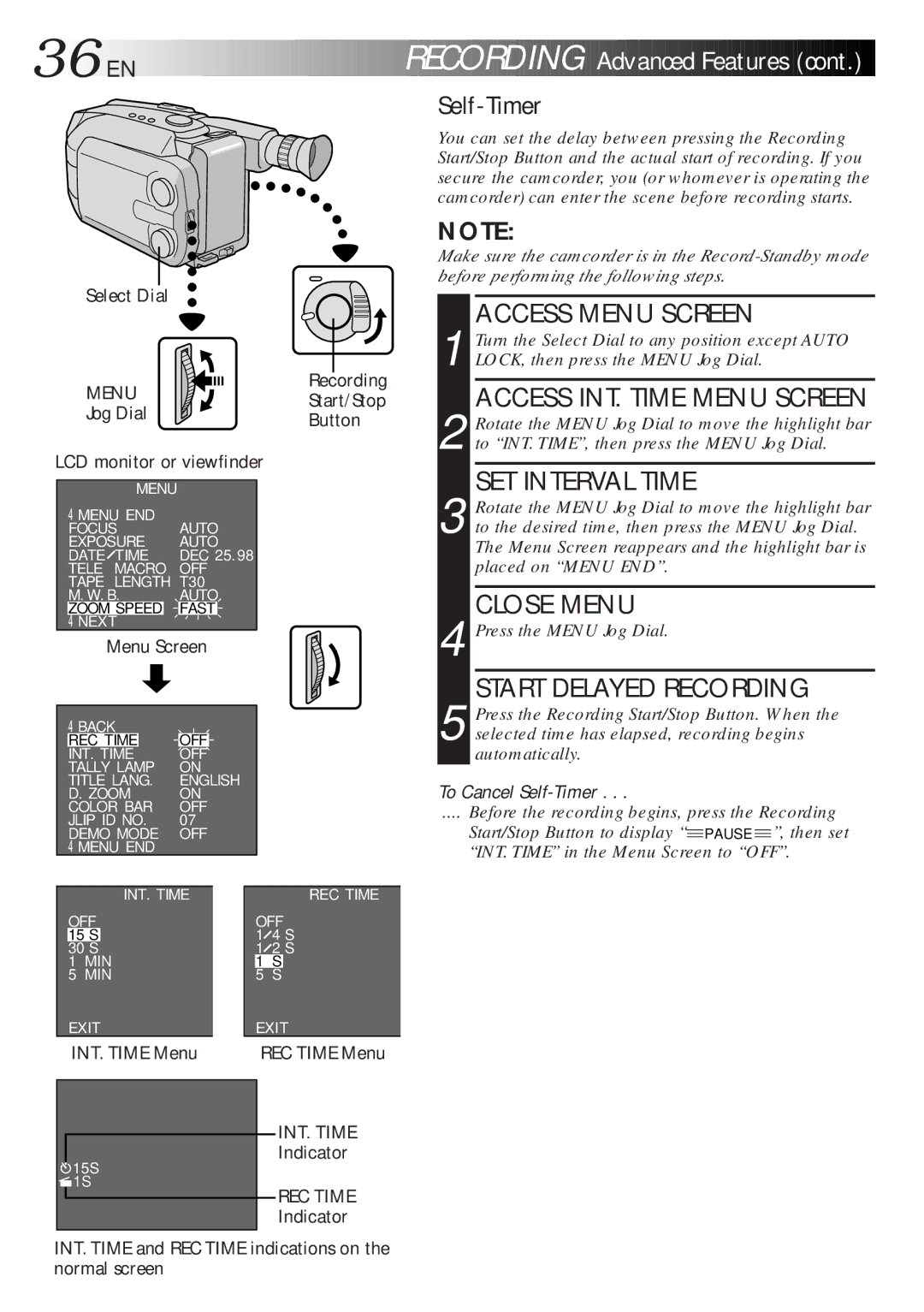 JVC LYT0047-001A manual INT. Time Menu, REC Time Menu, Indicator 