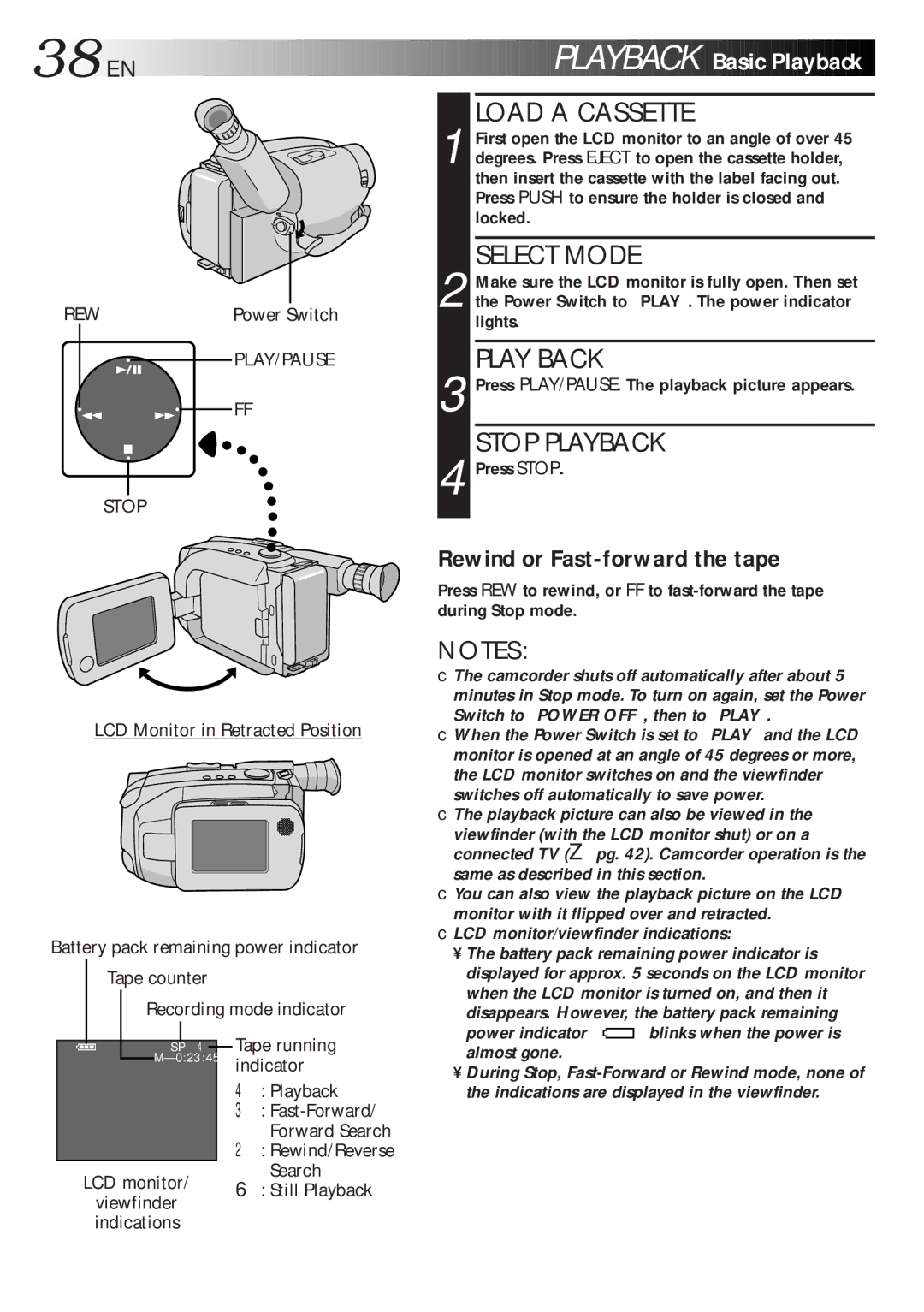 JVC LYT0047-001A manual 38 EN, Playback Basic Playback, Rewind or Fast-forward the tape, Play Back, Stop Playback 