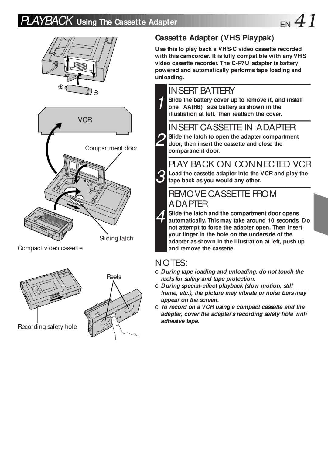 JVC LYT0047-001A manual Using The Cassette Adapter EN, Cassette Adapter VHS Playpak, Insert Cassette in Adapter 