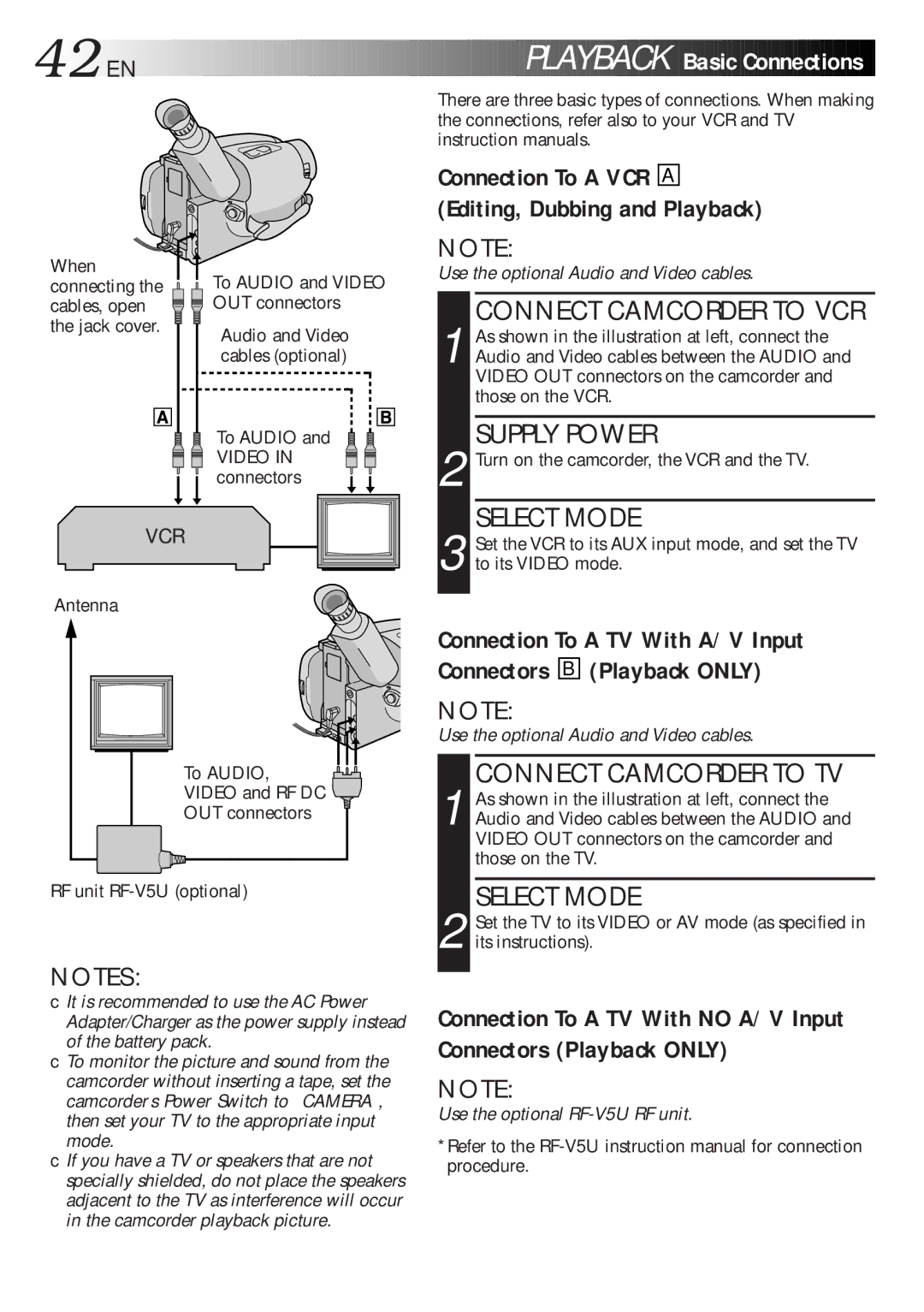 JVC LYT0047-001A manual 42 EN, Playback, Basic Connections, Connect Camcorder to VCR, Connect Camcorder to TV 