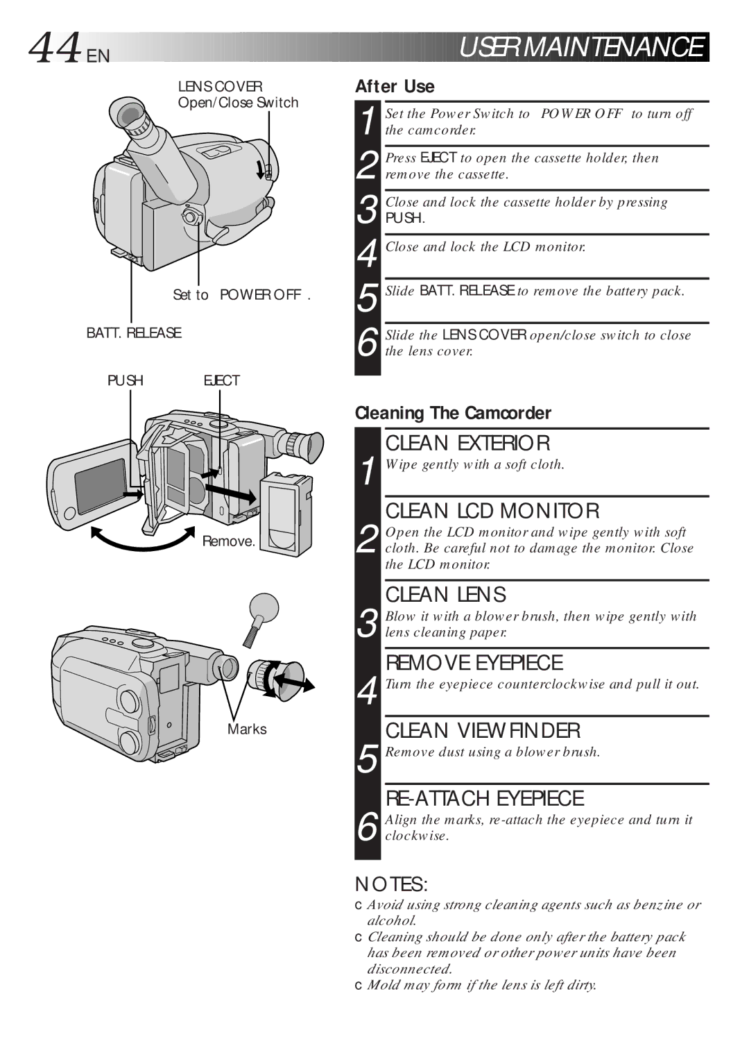 JVC LYT0047-001A manual 44 EN, After Use, Open/Close Switch Set to Power OFF, Remove Marks 