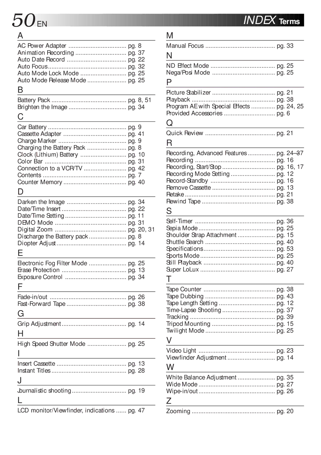 JVC LYT0047-001A manual 50 EN, Index, Terms 