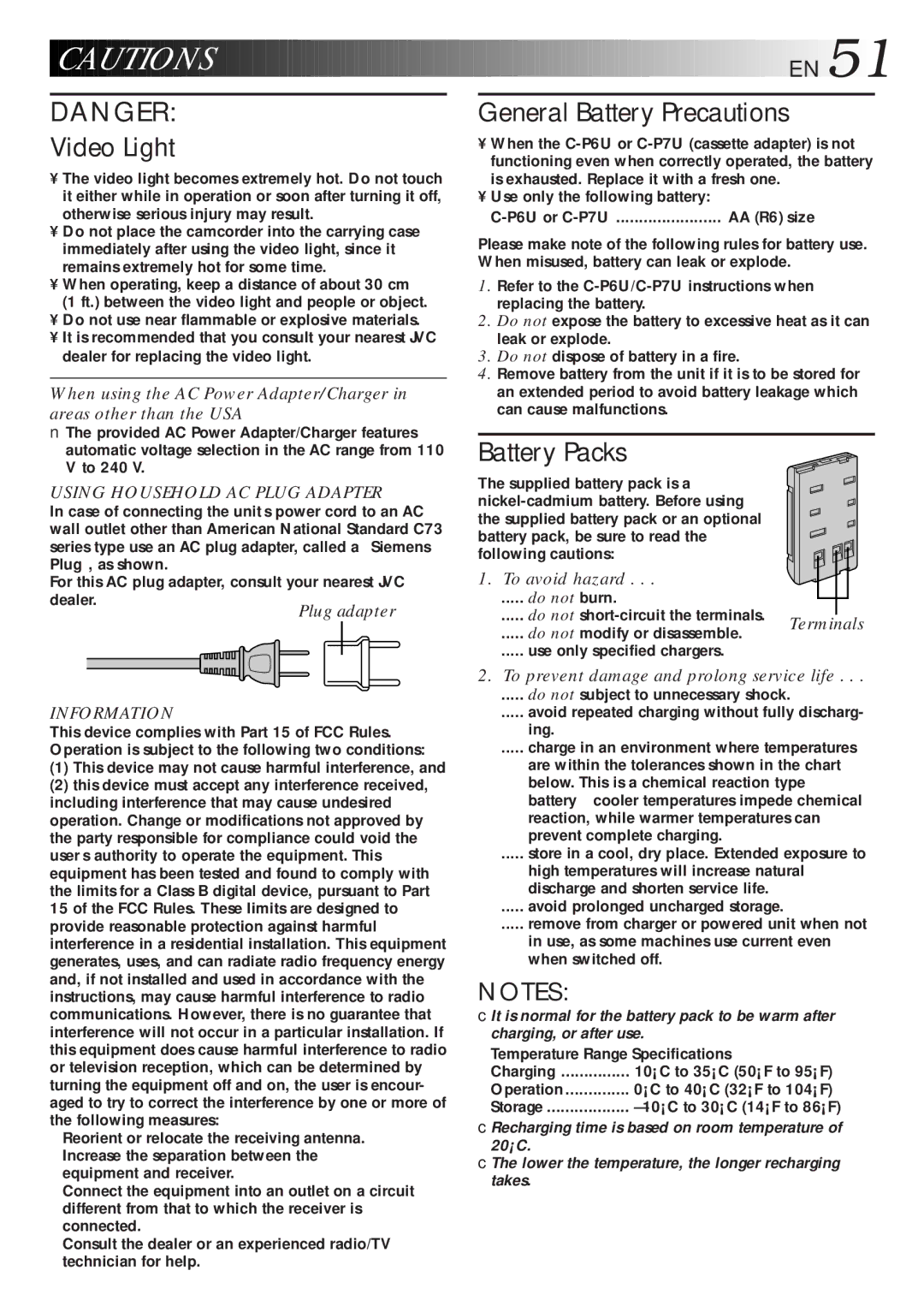 JVC LYT0047-001A manual When using the AC Power Adapter/Charger, Areas other than the USA, To avoid hazard, Plug adapter 