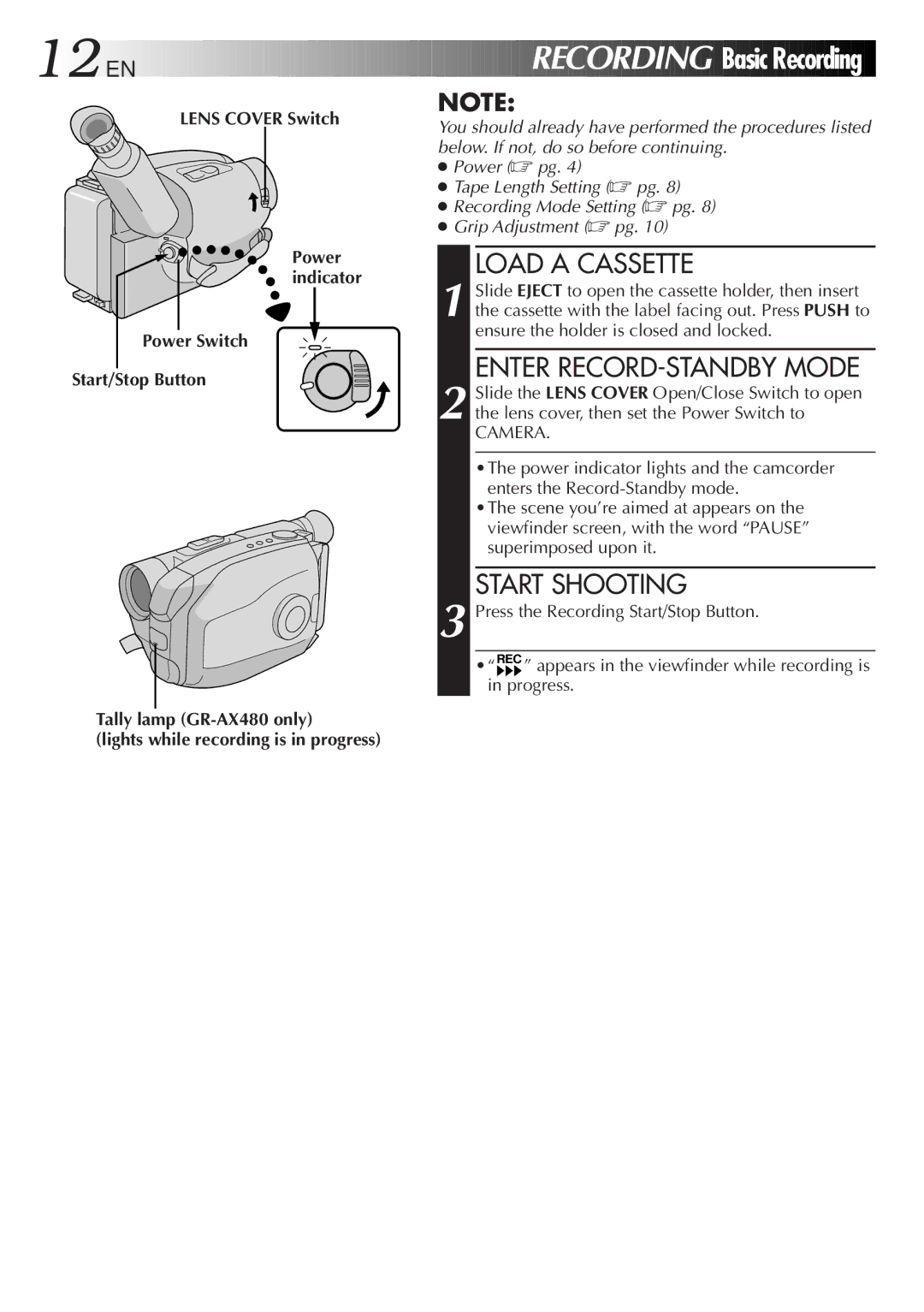 JVC LYT0060-001B manual Basic Recording, Load a Cassette, Enter RECORD-STANDBY Mode, Start Shooting 