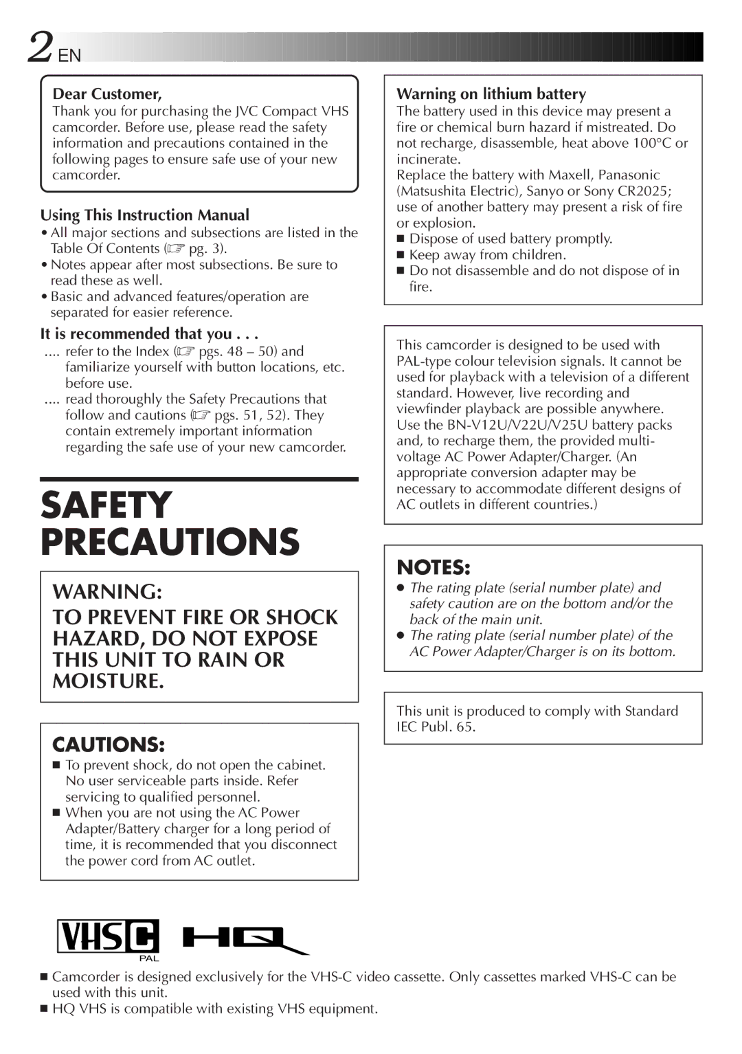 JVC LYT0060-001B manual Safety Precautions 