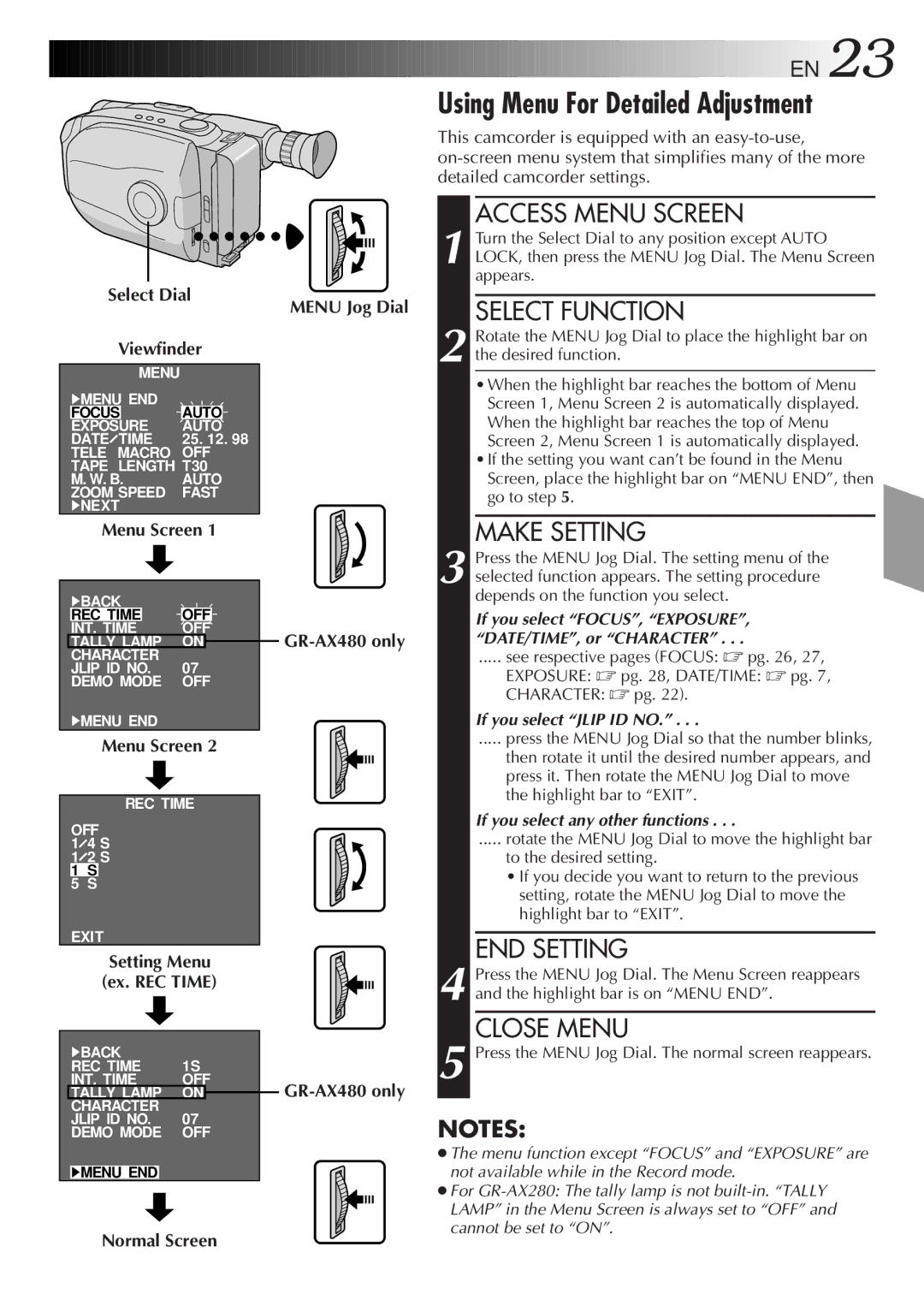 JVC LYT0060-001B manual Using Menu For Detailed Adjustment, Setting Menu Ex. REC Time, Normal Screen 