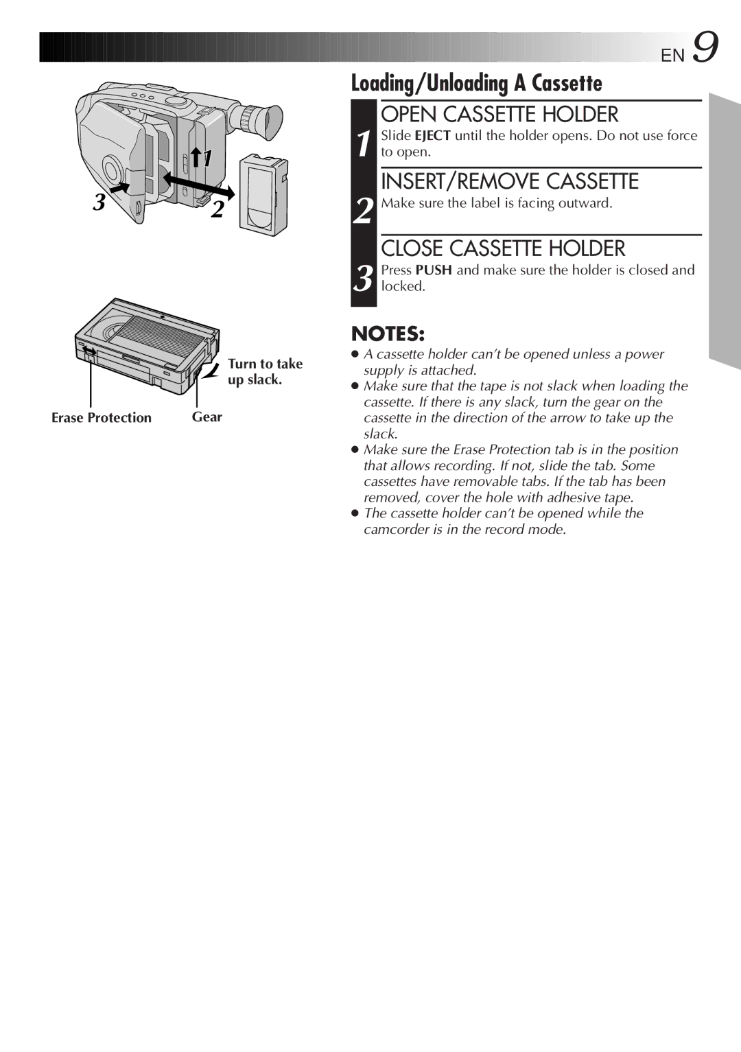 JVC LYT0060-001B manual Loading/Unloading a Cassette, Open Cassette Holder, INSERT/REMOVE Cassette, Close Cassette Holder 